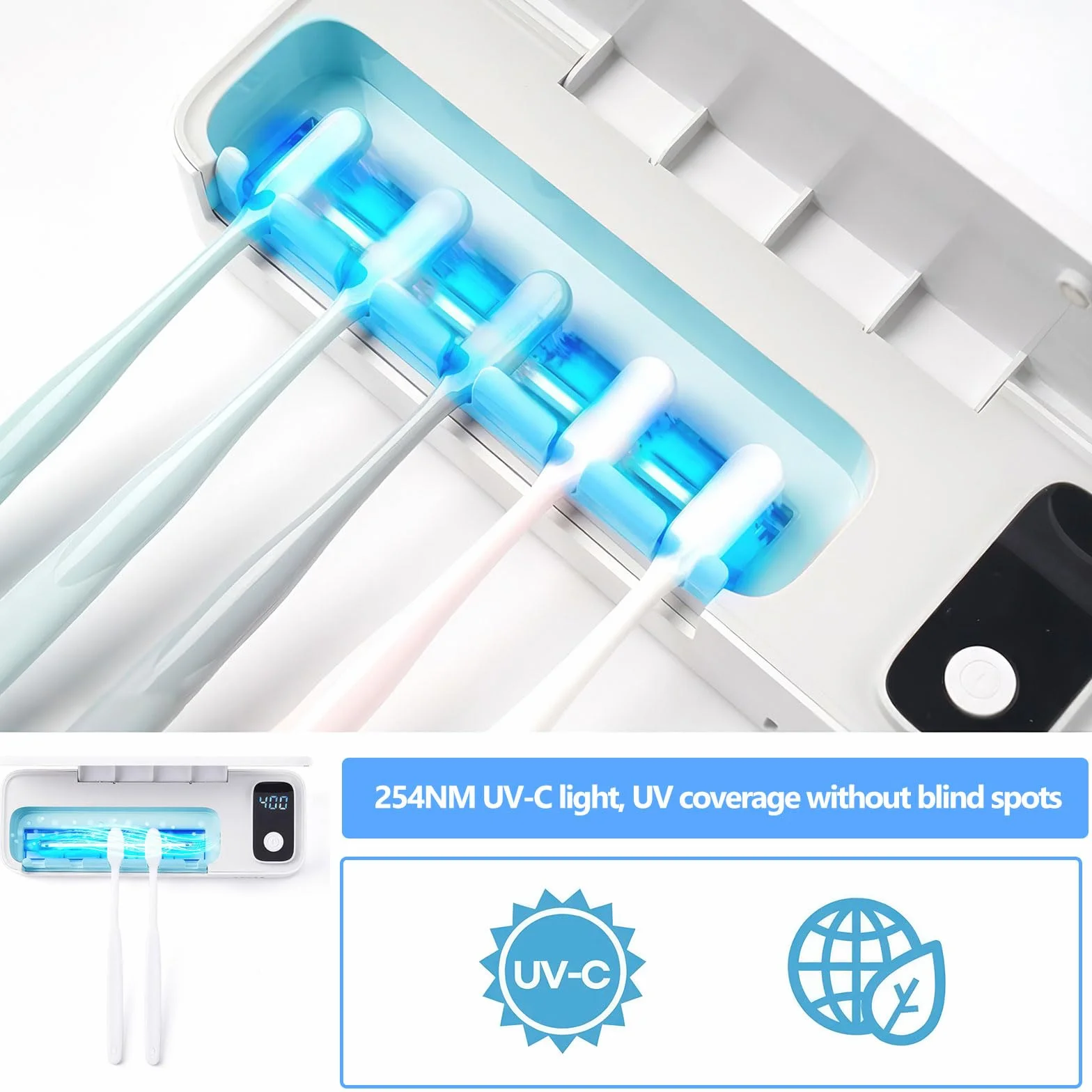 Igienizzante UV per spazzolino da denti, antibatterico, da parete, 5 slot, funzione timer, 2000 mAh ricaricabile, senza fili, montaggio a parete, bianco