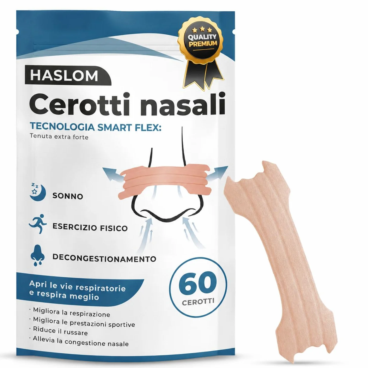 HASLOM Cerotti Nasali Antirussamento 60 Pz Strisce Nasali Dilatatori Nasali
