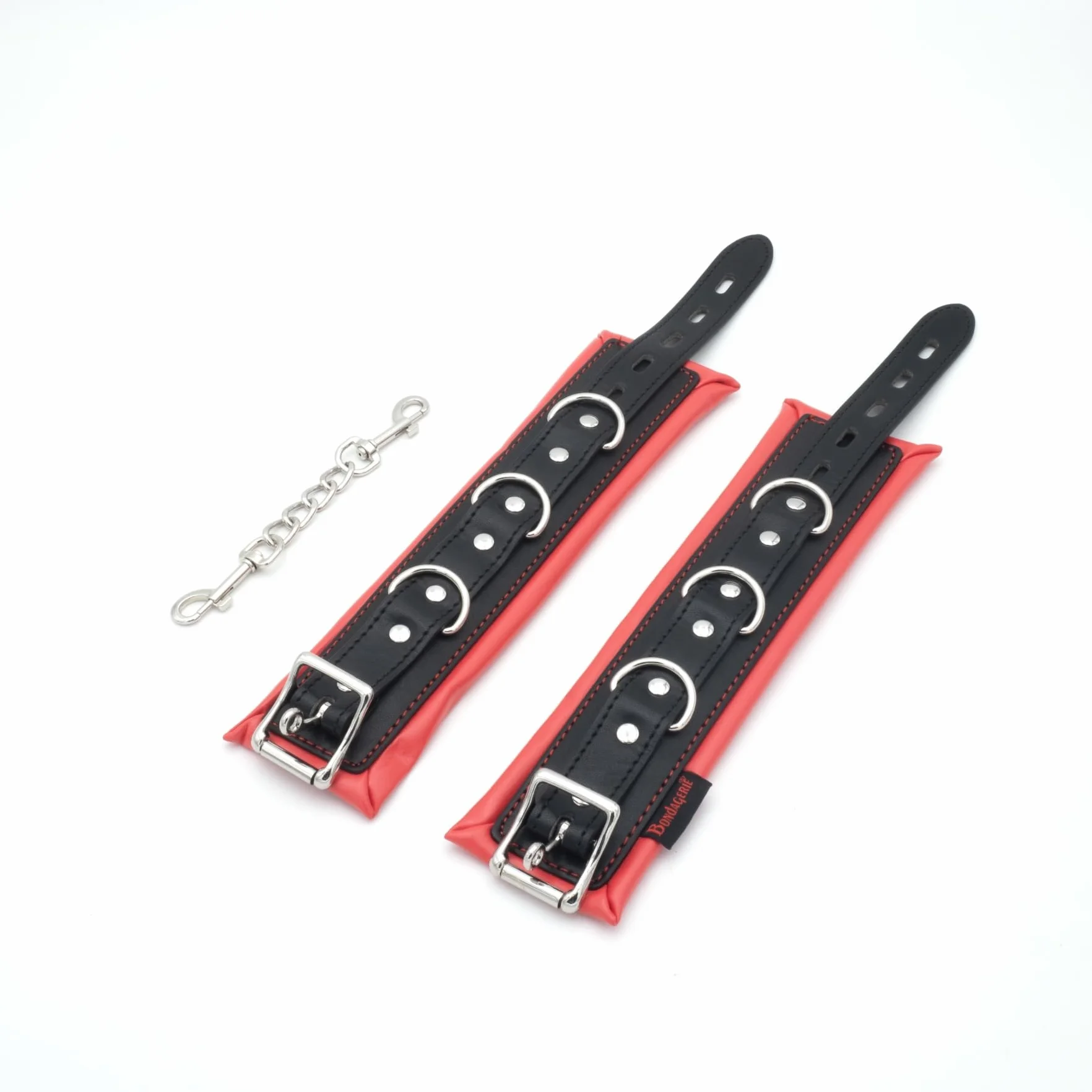 BONDAGERIE® Manette per Coppia Nero e Rosso, imbottite e morbide, sexishop uomo donna lui lei accessori catenina metallo