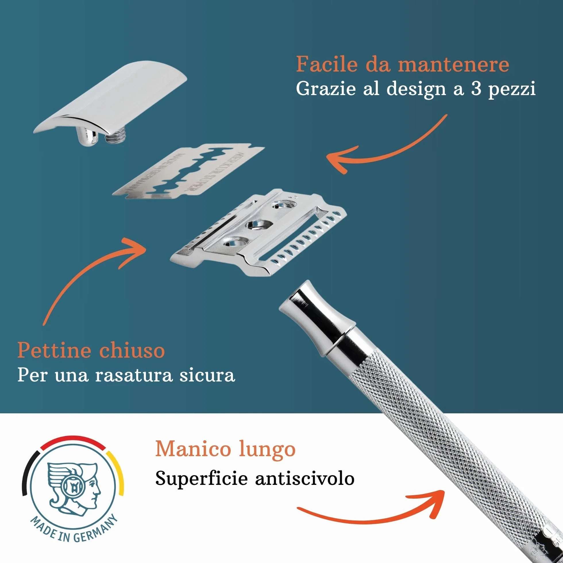 MERKUR 23C Rasoio di sicurezza – Finitura cromata lucida, manico lungo, struttura in tre pezzi, pettine chiuso, rasatura tradizionale – Made in Germany