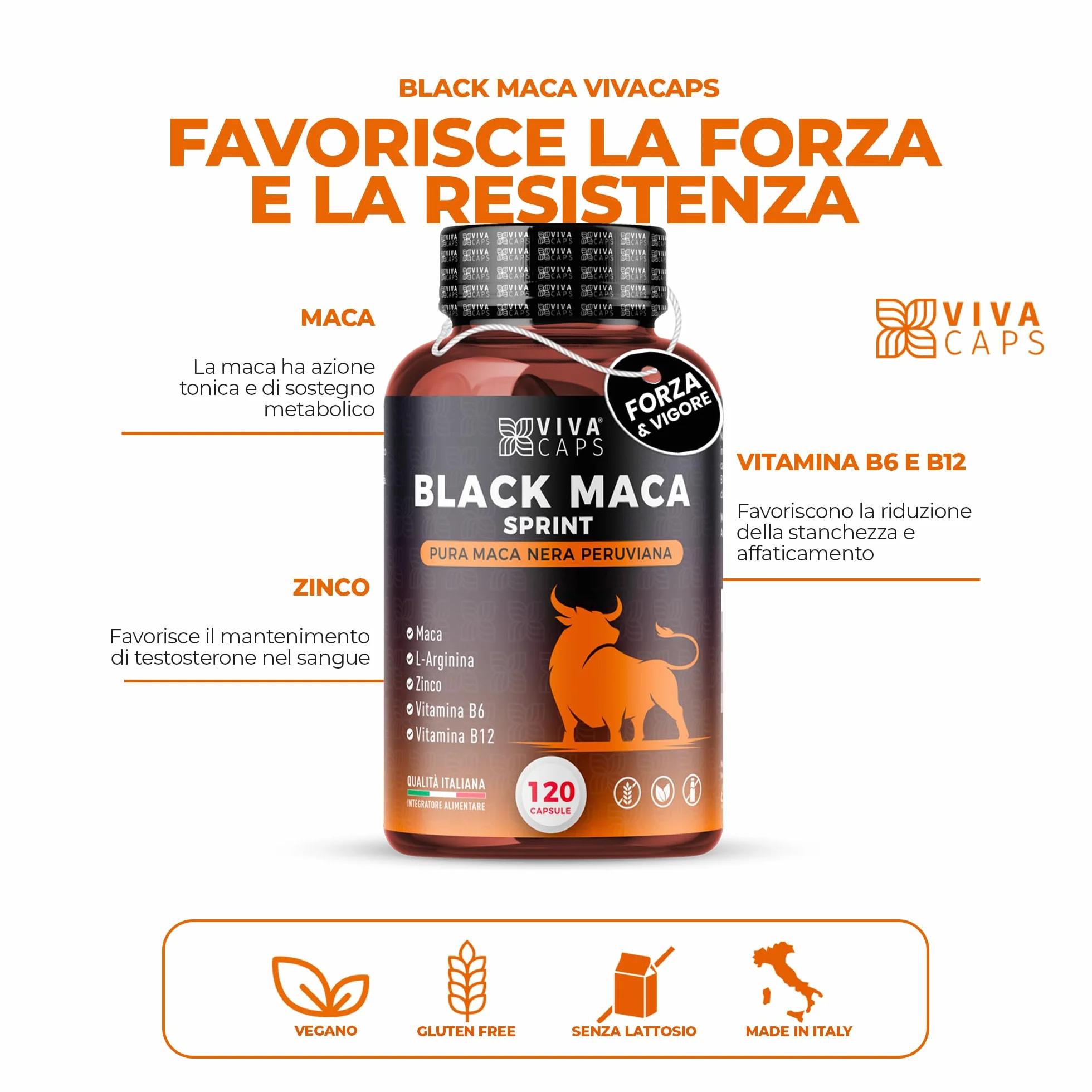 Maca peruviana 24000 mg al giorno estratto 20:1 120 Cps, Black maca con L-Arginina, Zinco, Vitamina B6 e B12 per energia e supporto per la massa muscolare - Made in italy