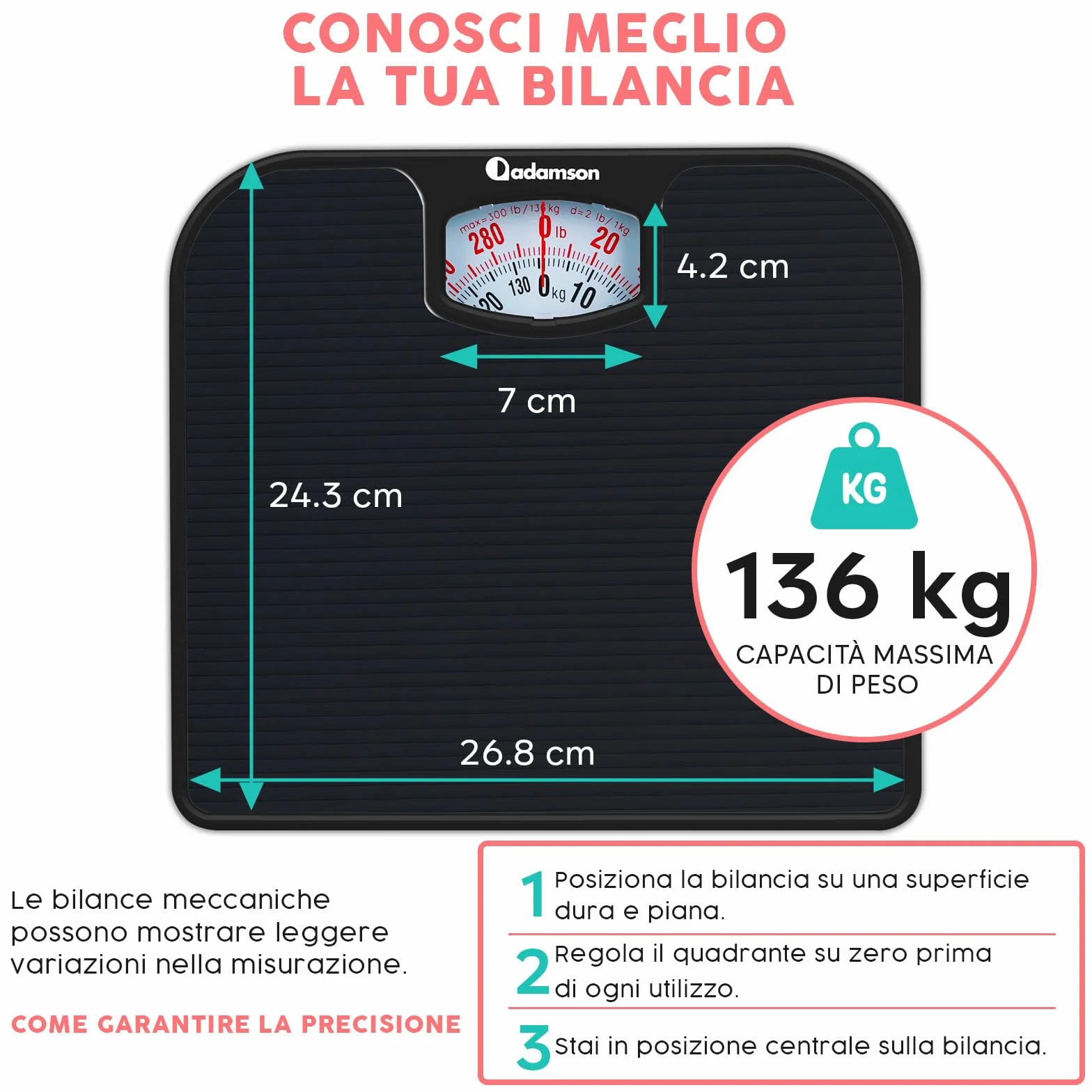 Adamson A21 Bilancia Pesapersone Meccanica - Fino a 136 KG - Superficie in Gomma Antiscivolo - Bilancia Pesapersone Analogica - Bilancia Analogica con 20 Anni DI Garanzia - Nero Completo