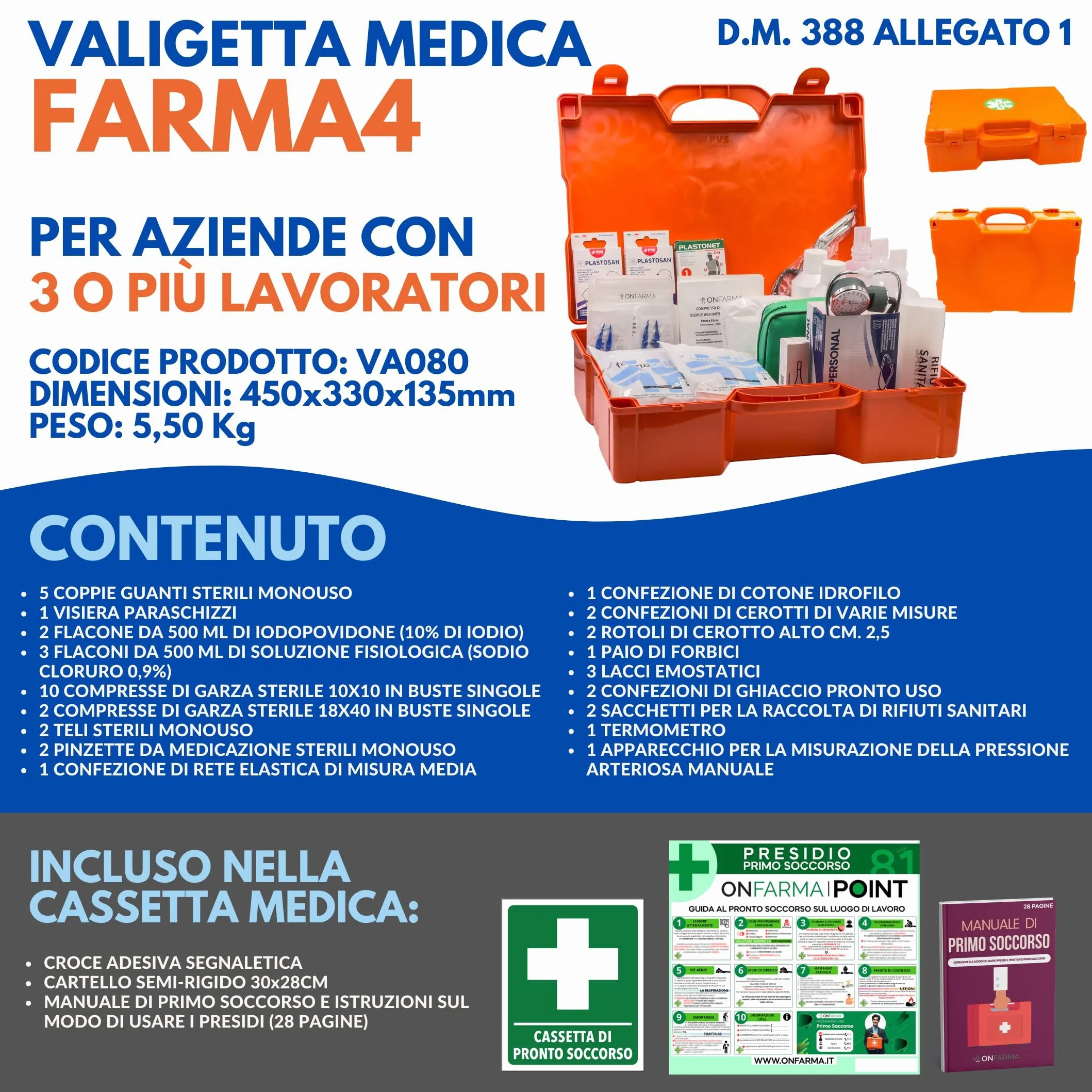 ONFARMA FARMA4 cassetta medica primo soccorso completa di misuratore di pressione e cartello conforme DM 388 allegato 1