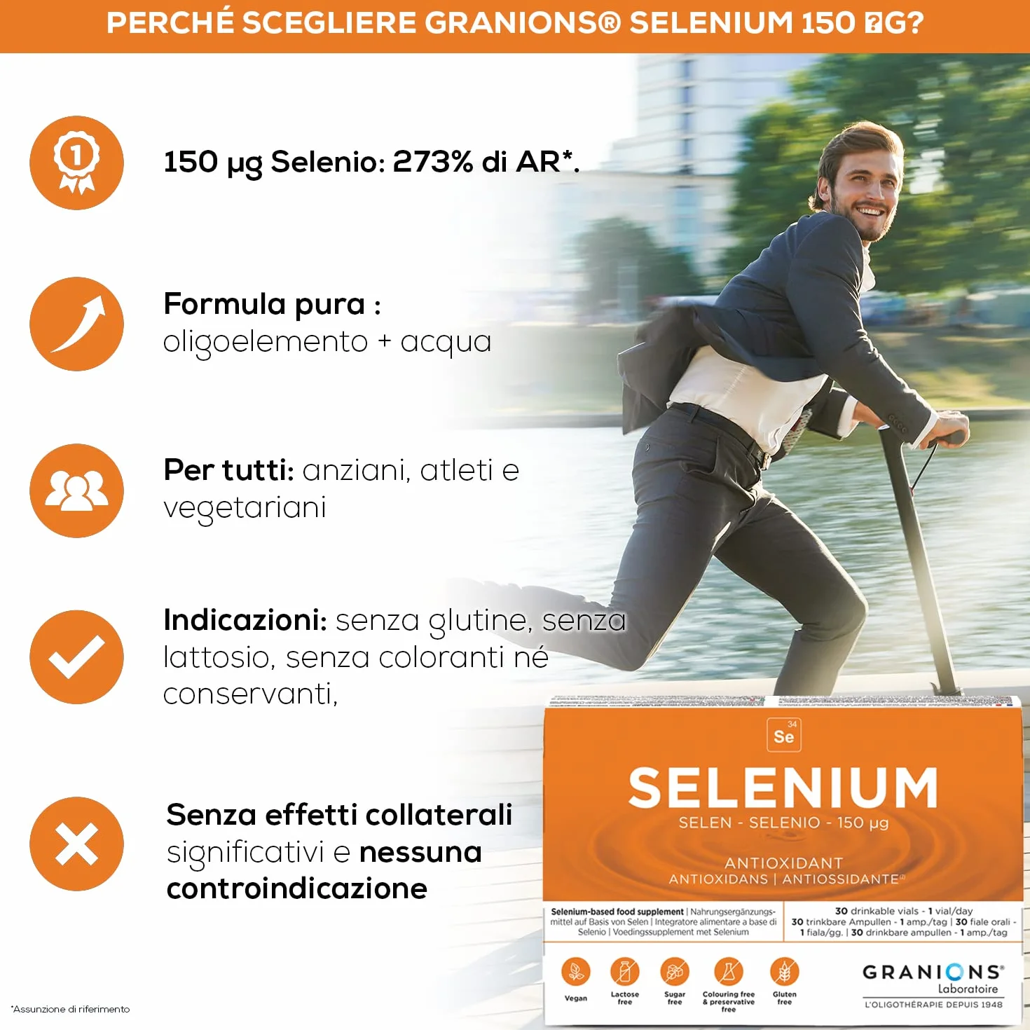 Granions Selenio 150 µg, Immunità, Antiossidante, Capelli e Unghie, Integratore Alimentare, 30 Fiale = 30 giorni