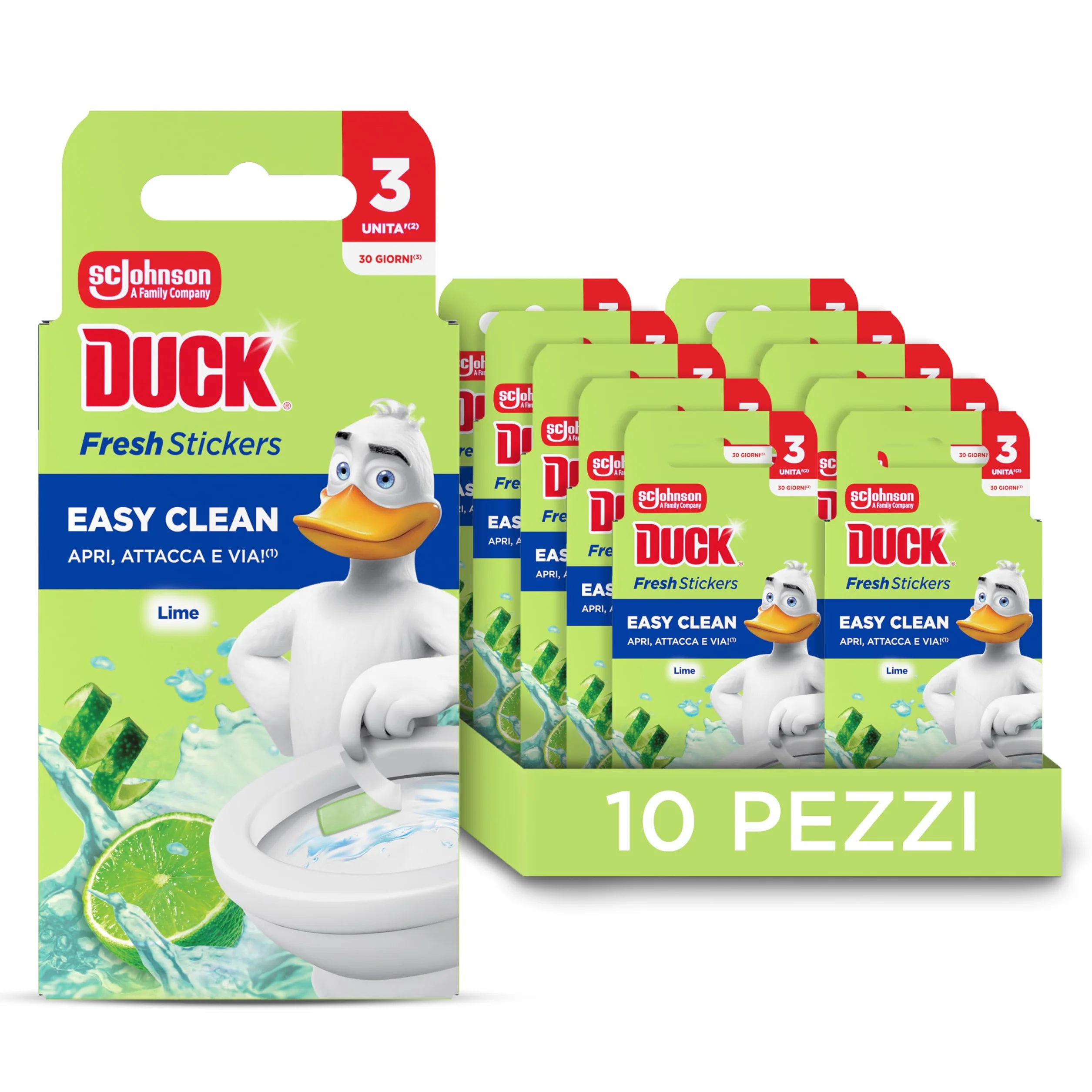 Duck Fresh Stickers - Strisce Adesive Gel Igienizzanti WC, Profumo Lime, Formato Scorta da 10 Confezioni, 30 Strisce