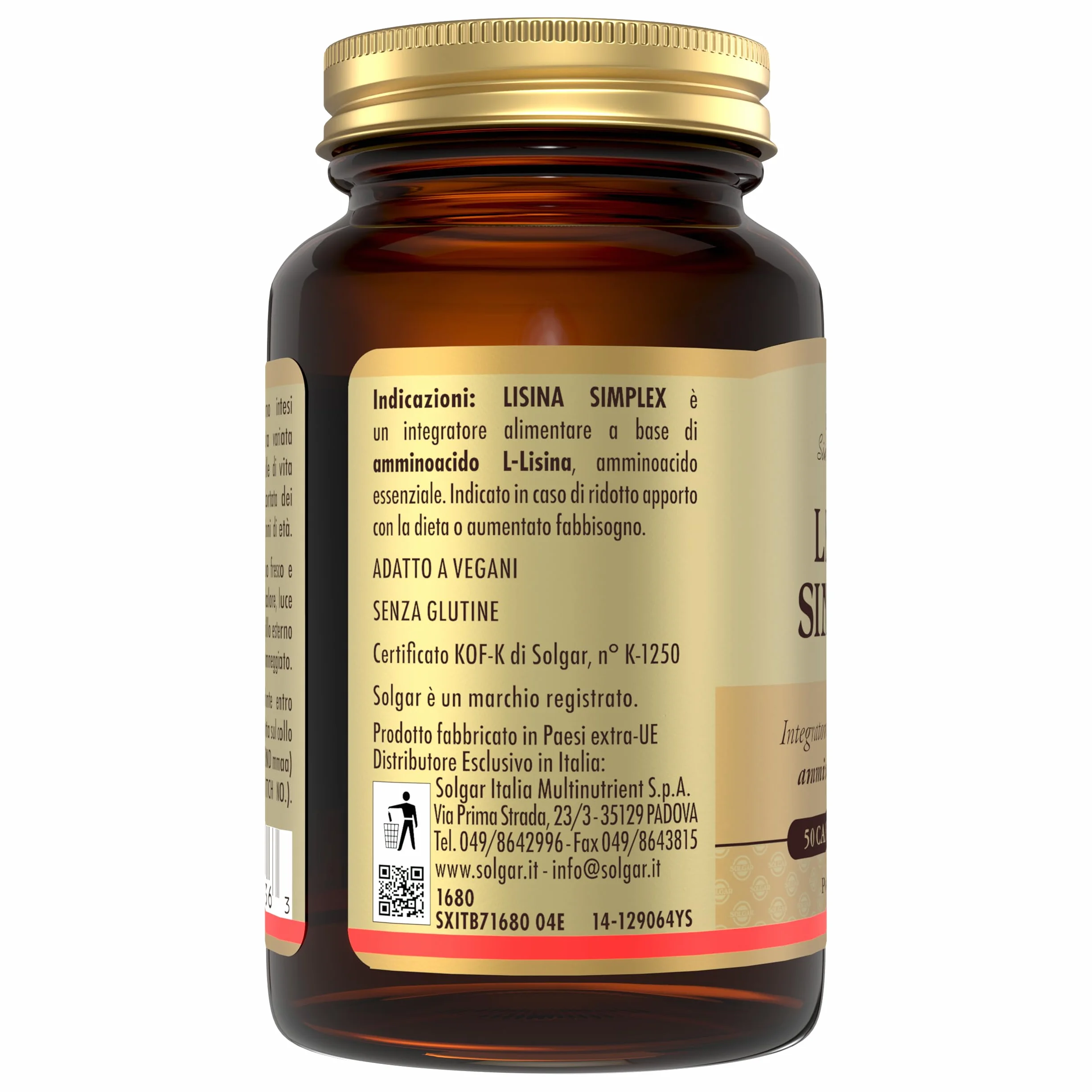 Solgar LISINA SIMPLEX, 50 capsule vegetali – L‑Lisina HCl – amminoacido essenziale