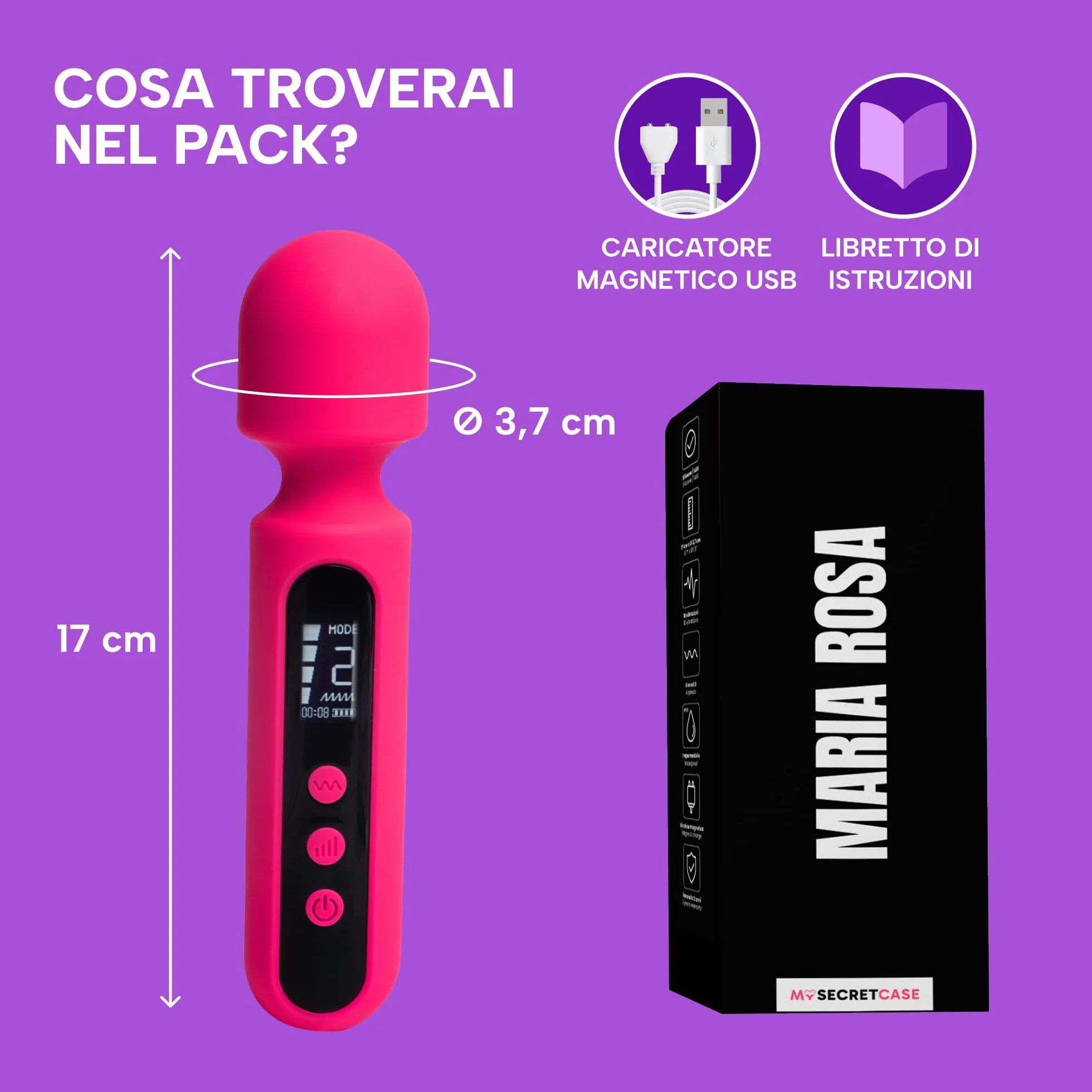 MySecretCase Vibratoreper Donna Piccolo Massaggiatore Wand Professionale 10 Vibrazioni, 4 Intensità Stimolatore per Clitoride Potente Compatto Stimolatore Clitoride Femminile Sextoysys Donna IPX6 USB