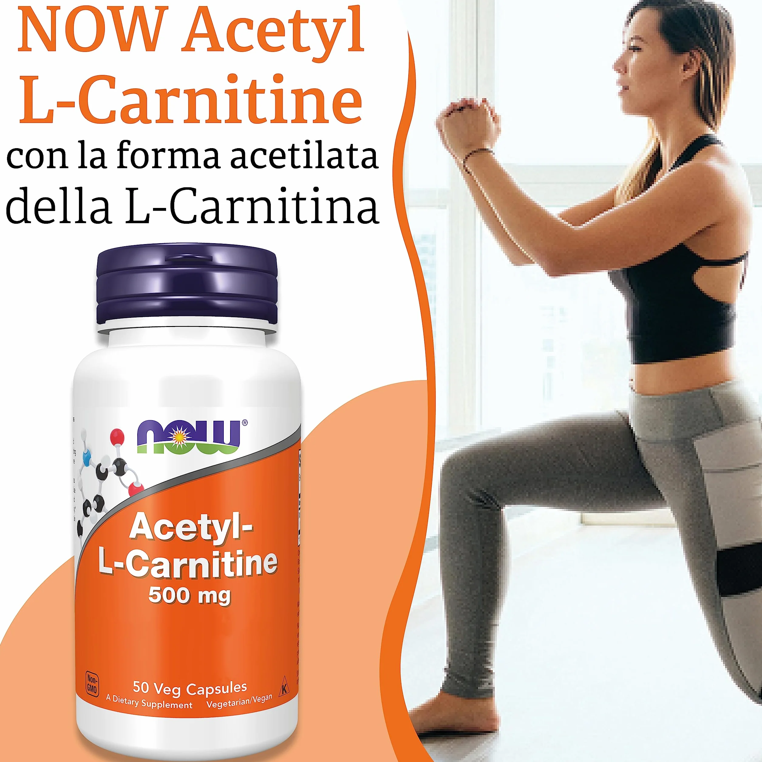Now Foods, Acetyl-L-Carnitin, 500 mg, 50 Capsule vegan, Testato in Laboratorio, Aminoacido, Senza Glutine, Senza Soia, Vegetariano