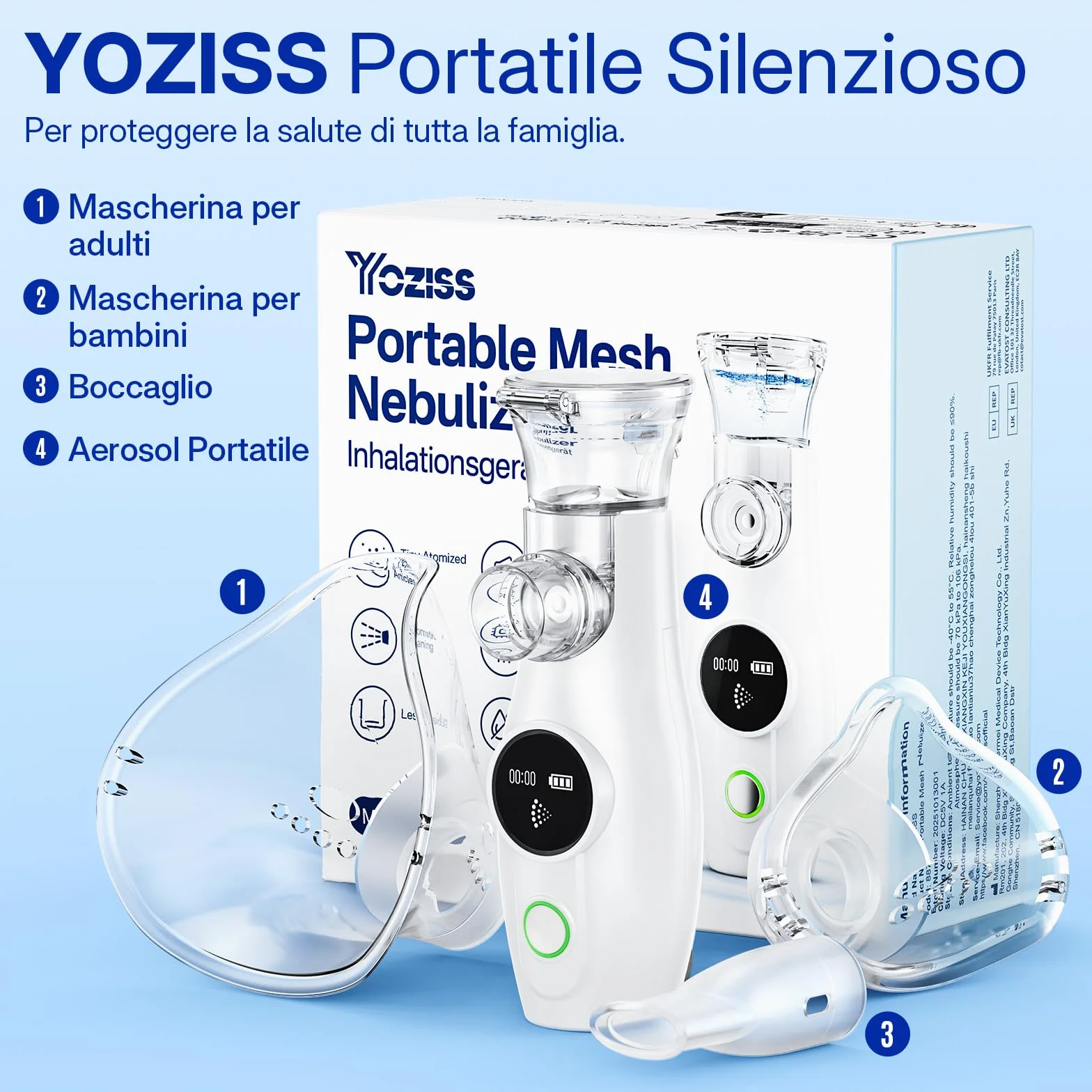 Aerosol Portatile Silenzioso a Ultrasuoni per Adulti e Bambini con 2 Maschere