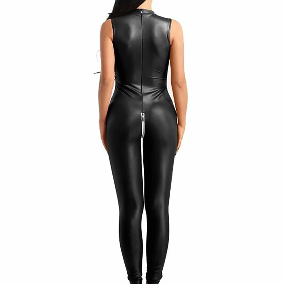 Catsuit in Pelle Verniciata da Donna Tuta in Ecopelle Costume da Spettacolo,Black-M