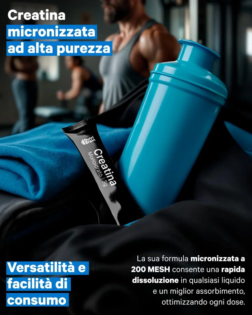 Creatina Monoidrata Pura in Stick 3000 mg | Integratore per Palestra: Forza, Massa Muscolare, Resistenza, Recupero, Energia e Agilità Mentale | Vegana, Senza Glutine, Non OGM | Per Uomo e Donna
