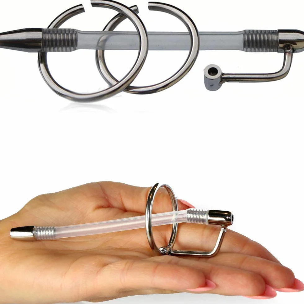 Sonda Uretrale Maschile in Acciaio Inox e Silicone 12 cm Ø0,6-0,75 cm con 2 Anelli Ø2,5-3,1 cm per BDSM