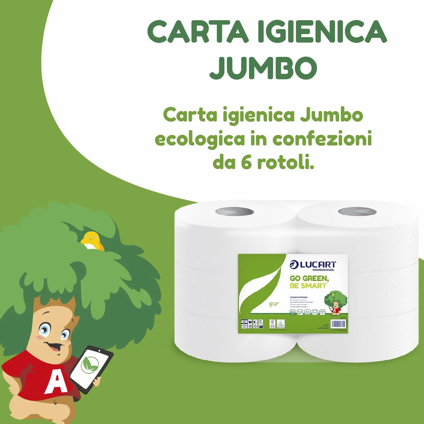 Lucart Professional Carta Igienica Ecologica 6 Rotoli Jumbo 2 Veli 100% Riciclata FSC Recycled Bianco