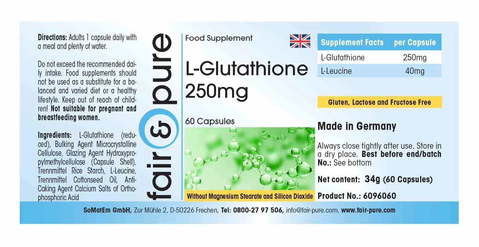 Fair & Pure® - L-Glutatione 250 mg - Ridotto - Biodisponibile - Vegan - 60 Capsule