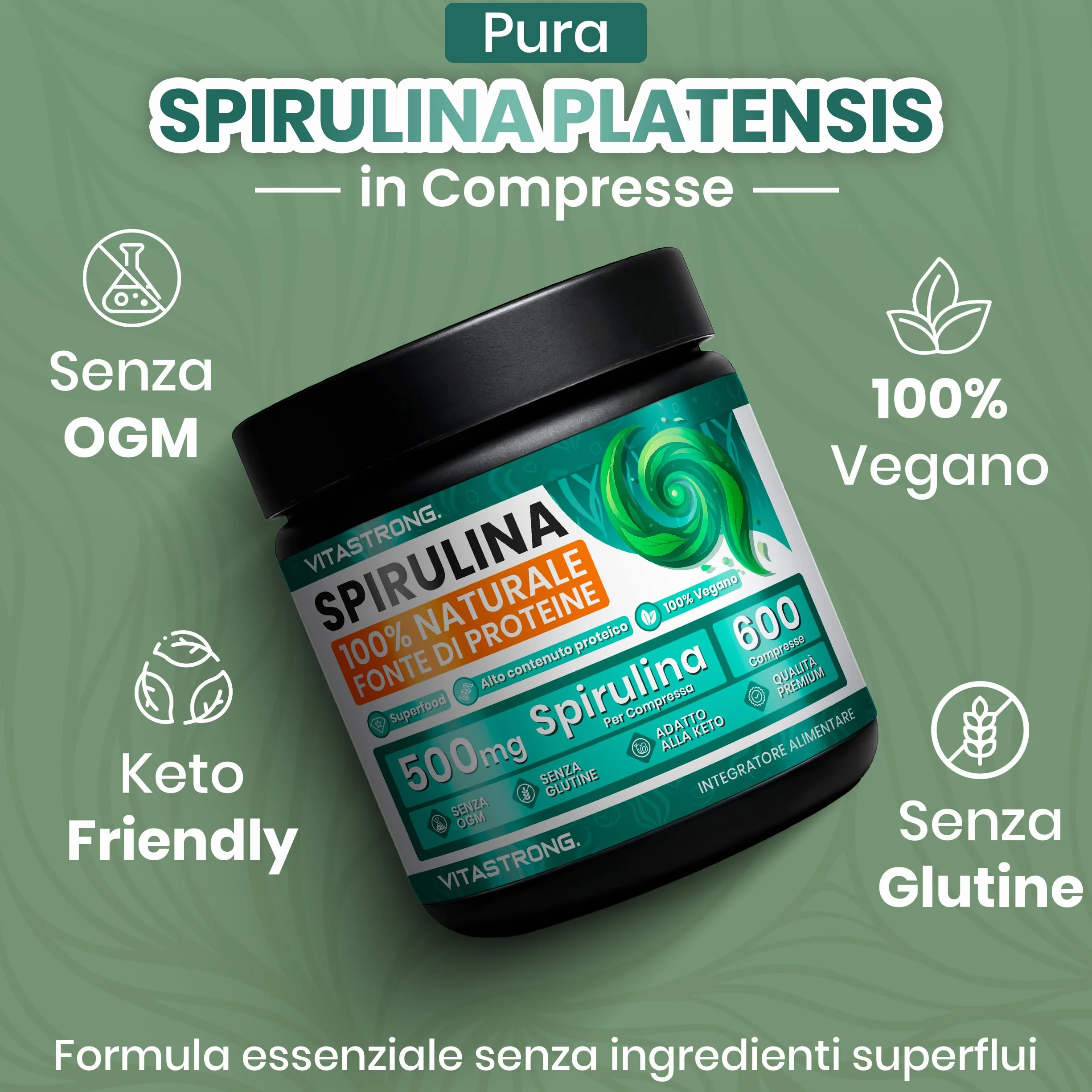 Vitastrong Spirulina Compresse 3000mg 600 Compresse Vegan Alto Contenuto Proteico Integratore Alimentare Senza Glutine OGM