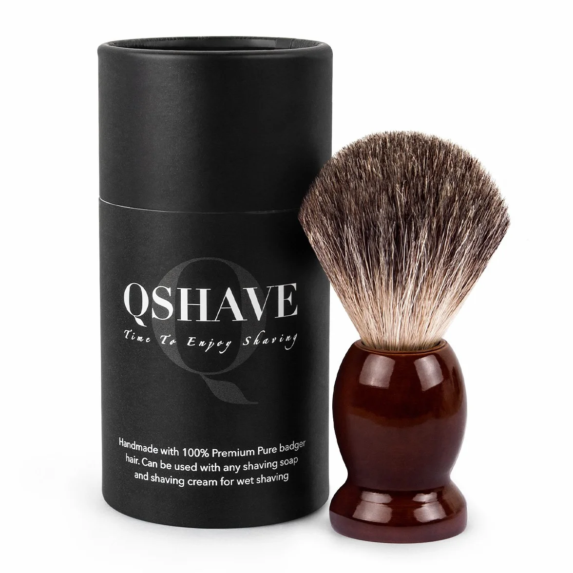 QSHAVE - Pennello da barba fatto a mano, setole di vero pelo di tasso puro al 100%, con vere setole di tasso, manico in legno La scelta migliore per una rasatura umida con rasoio.