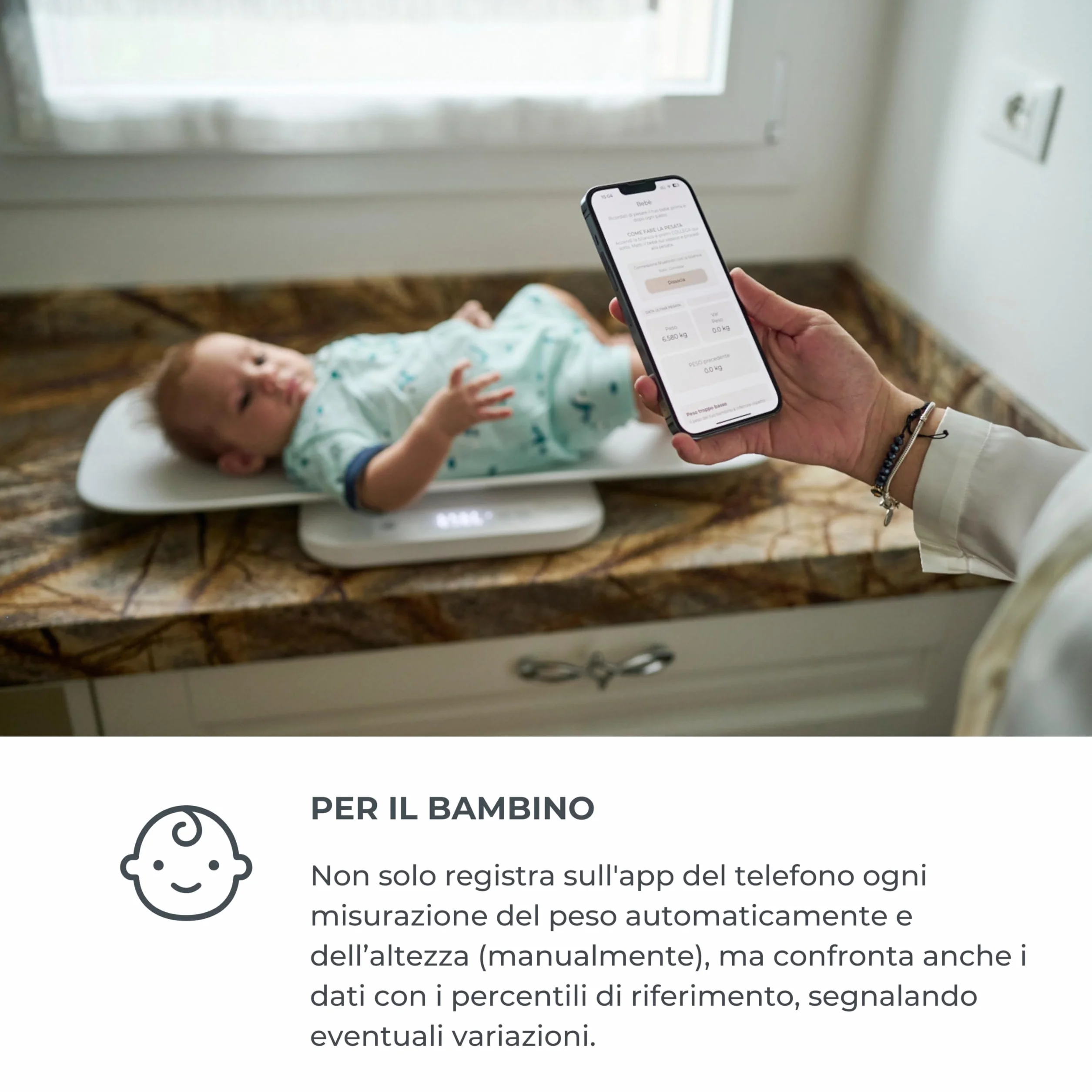 Nuvita 1330 PrimiPesi Bilancia Bluetooth Smart Mamma & Bambino Controllo Crescita Peso AI