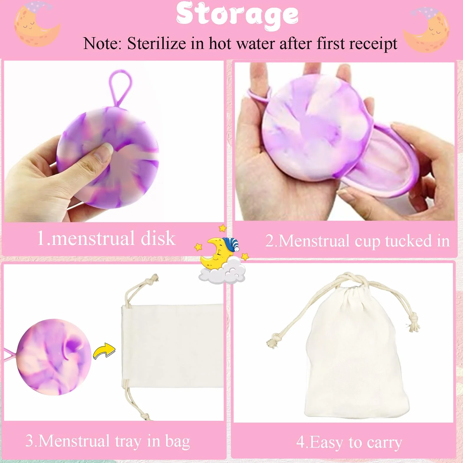 Disco Mestruale Set,con 1 Disco Mestruale M+1 Disco Mestruale L,silicone Disco,Sacchetto di stoccaggio,Manuale d'uso,per un periodo leggero e forte,Sicuro per sport,nuoto