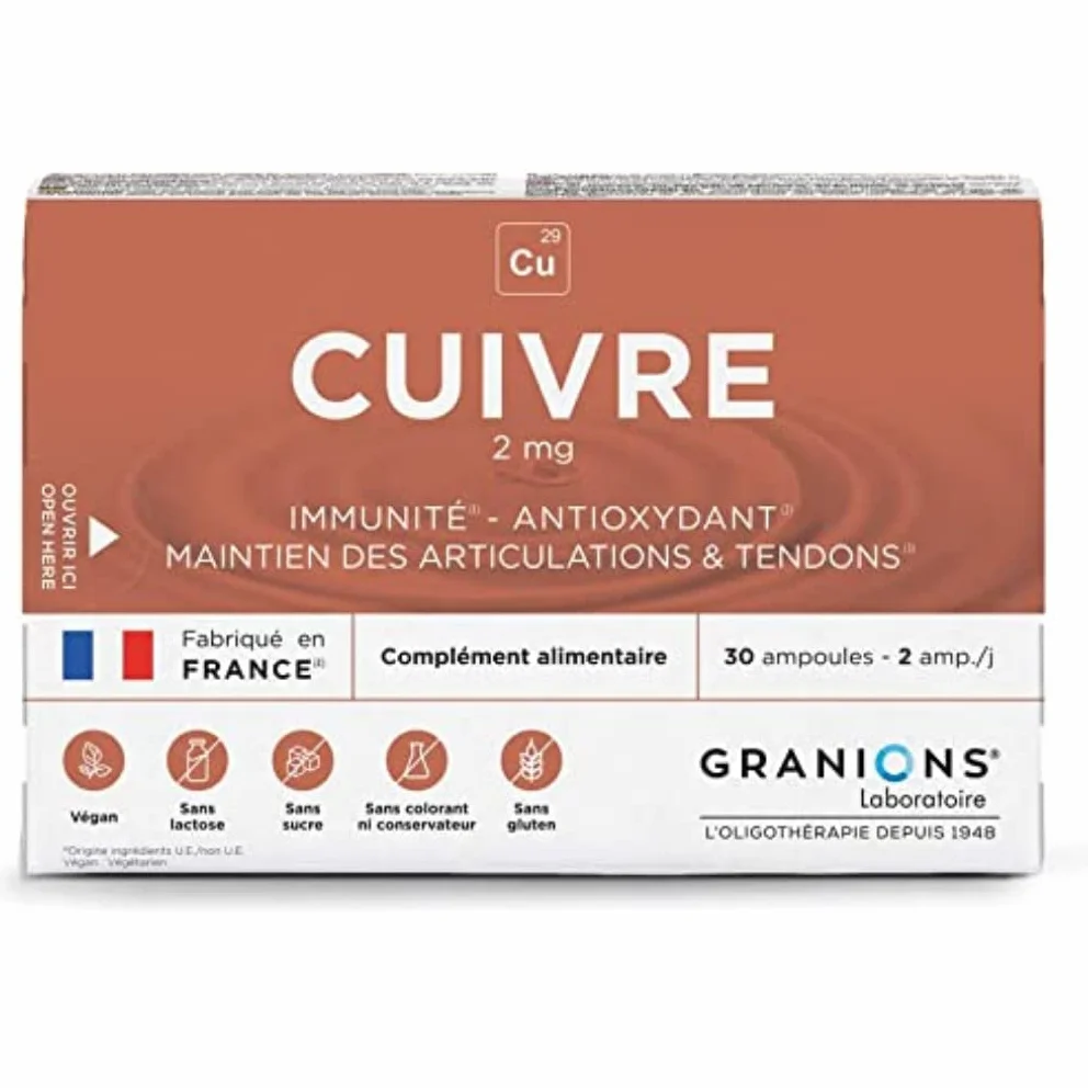 Rame 2 mg | Sistema Immunitario | Antiossidante | Articolazioni e Tendini | Integratore Alimentare | 200% dell'apporto Raccomandato | 30 Fiale | Integratore Alimentare | Laboratoire des Granions