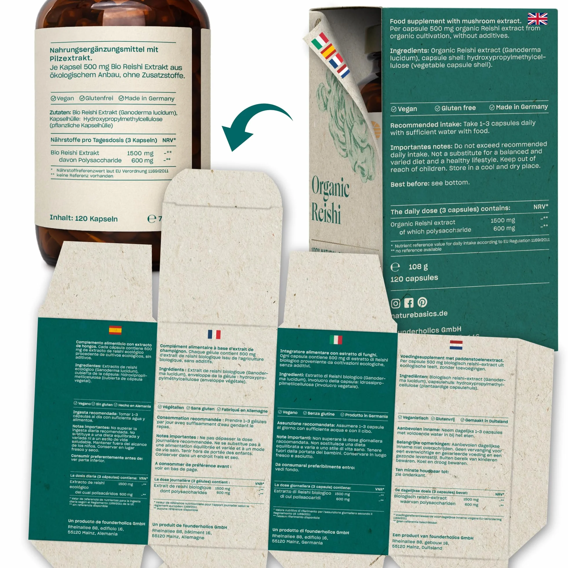 Reishi biologico - 120 capsule ad alto dosaggio / 1500 mg di estratto di Reishi biologico di alta qualità con 600 mg di polisaccaridi per dose giornaliera/Vegano e certificato
