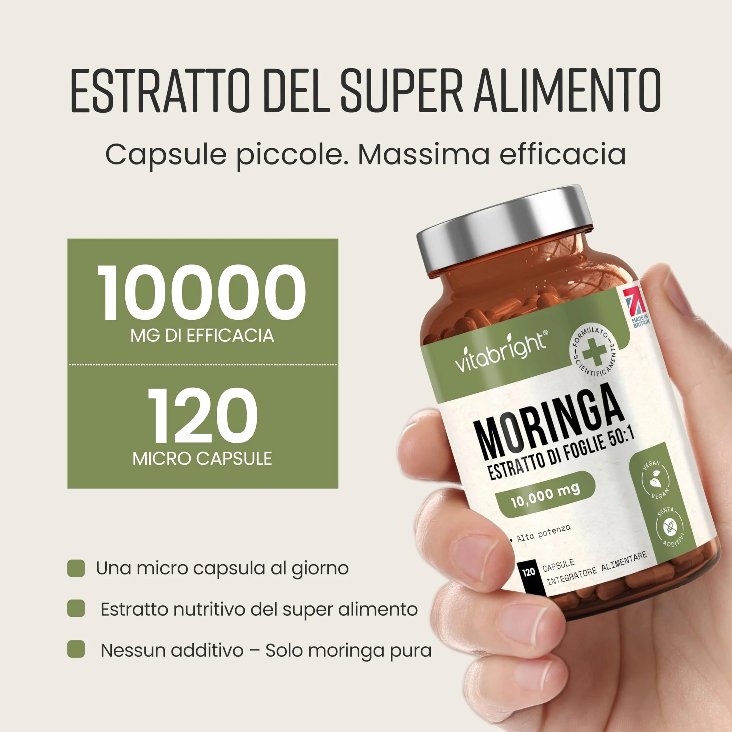 Capsule di Moringa Pura 10.000 mg Alto Dosaggio 4 Mesi Senza Additivi Superalimento Vegano in Polvere Estratto Puro di Foglia di Moringa VitaBright