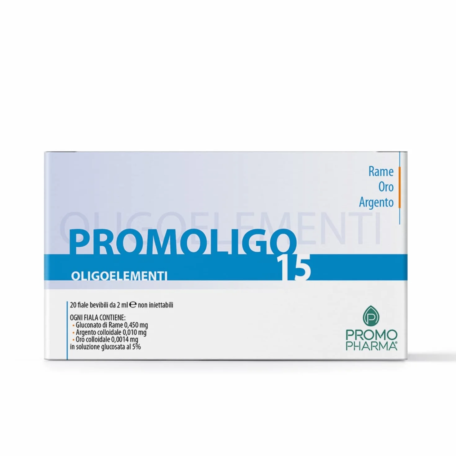 Promoligo 15 - Rame/Oro/Argento - Integratore Alimentare, Oligoelementi Essenziali - Rame, oro e argento - senza glutine - 20 fiale da 2 ml