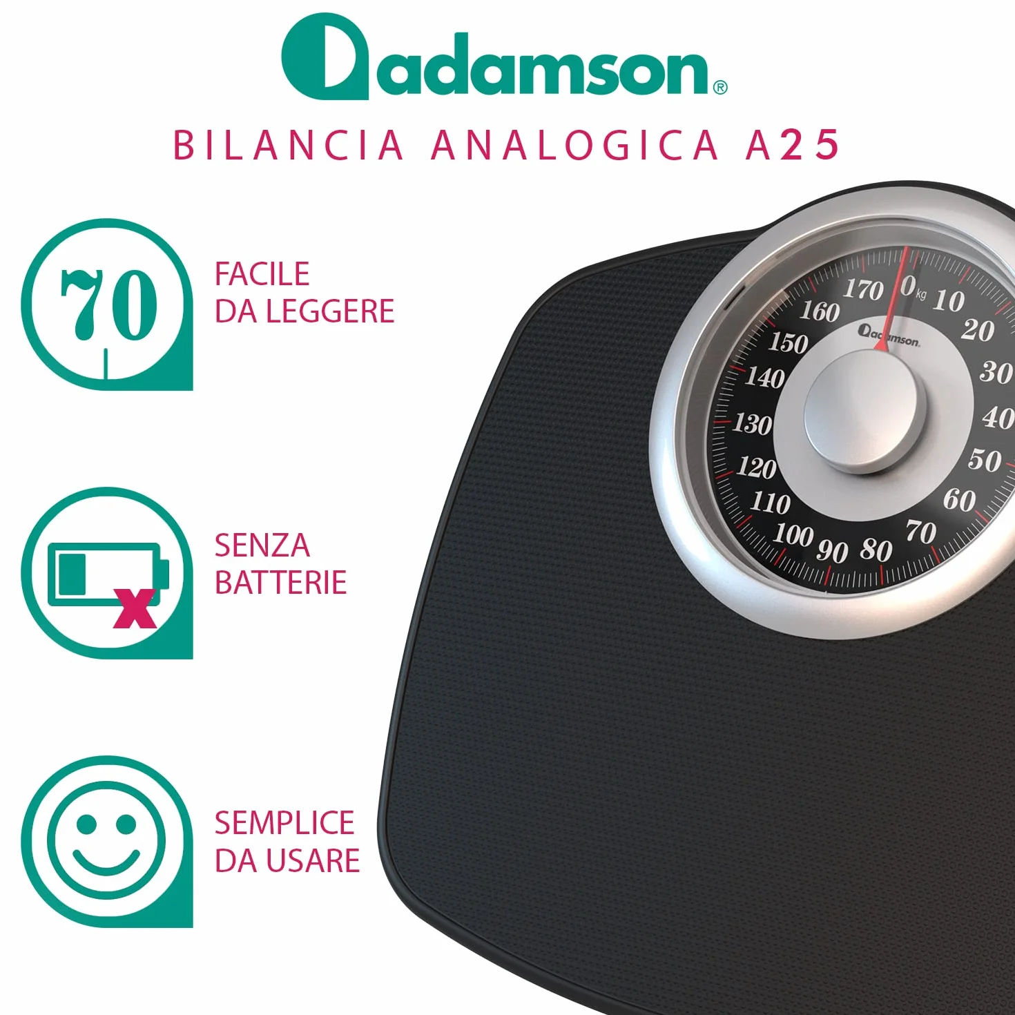 Adamson A25 Bilancia per Peso Corporeo - Fino a 180 KG - Quadrante Da 5,3” SU Piattaforma 31x30cm - Superficie in Gomma Antiscivolo - Bilancia Da Bagno Analogica Ad Precisione - 20 Anni DI Garanzia