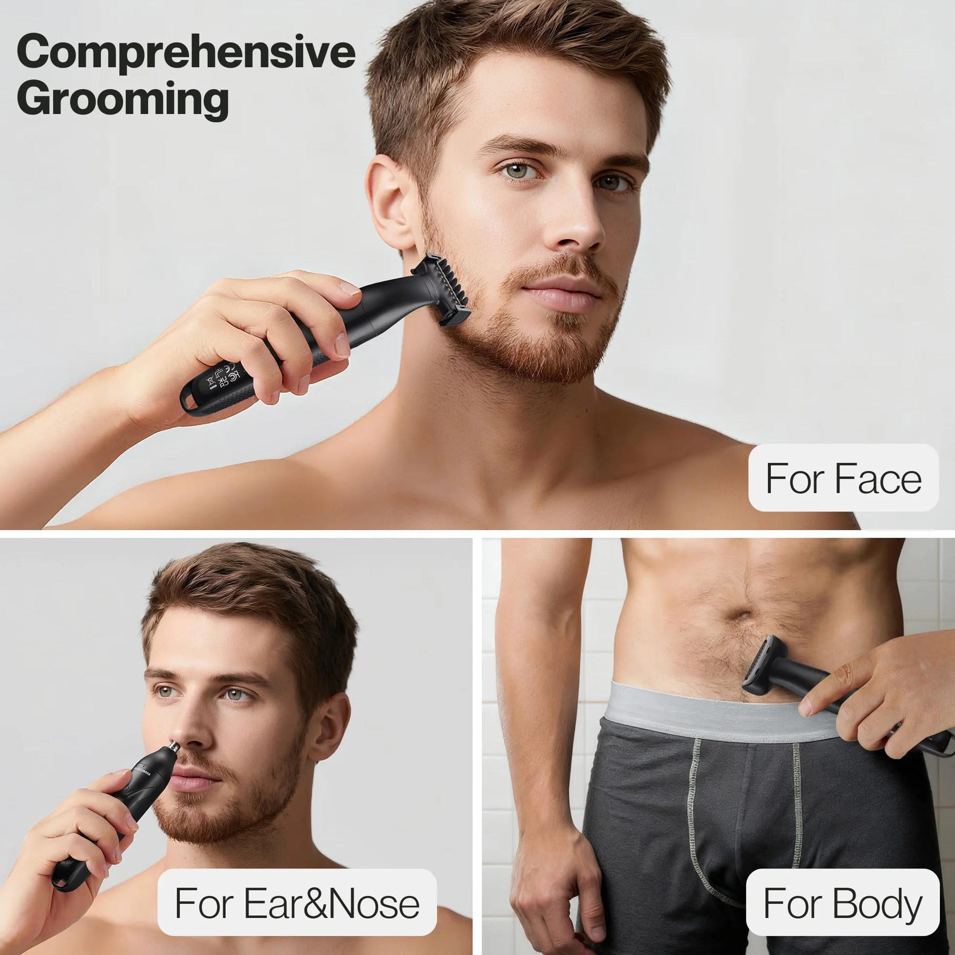 BarberBoss Set per la toelettatura dei dettagli, 3 in 1, per uomo, barba, parrucchiere, body groomer, trimmer naso e orecchie, rasoio senza fili con ricarica USB (Nero)