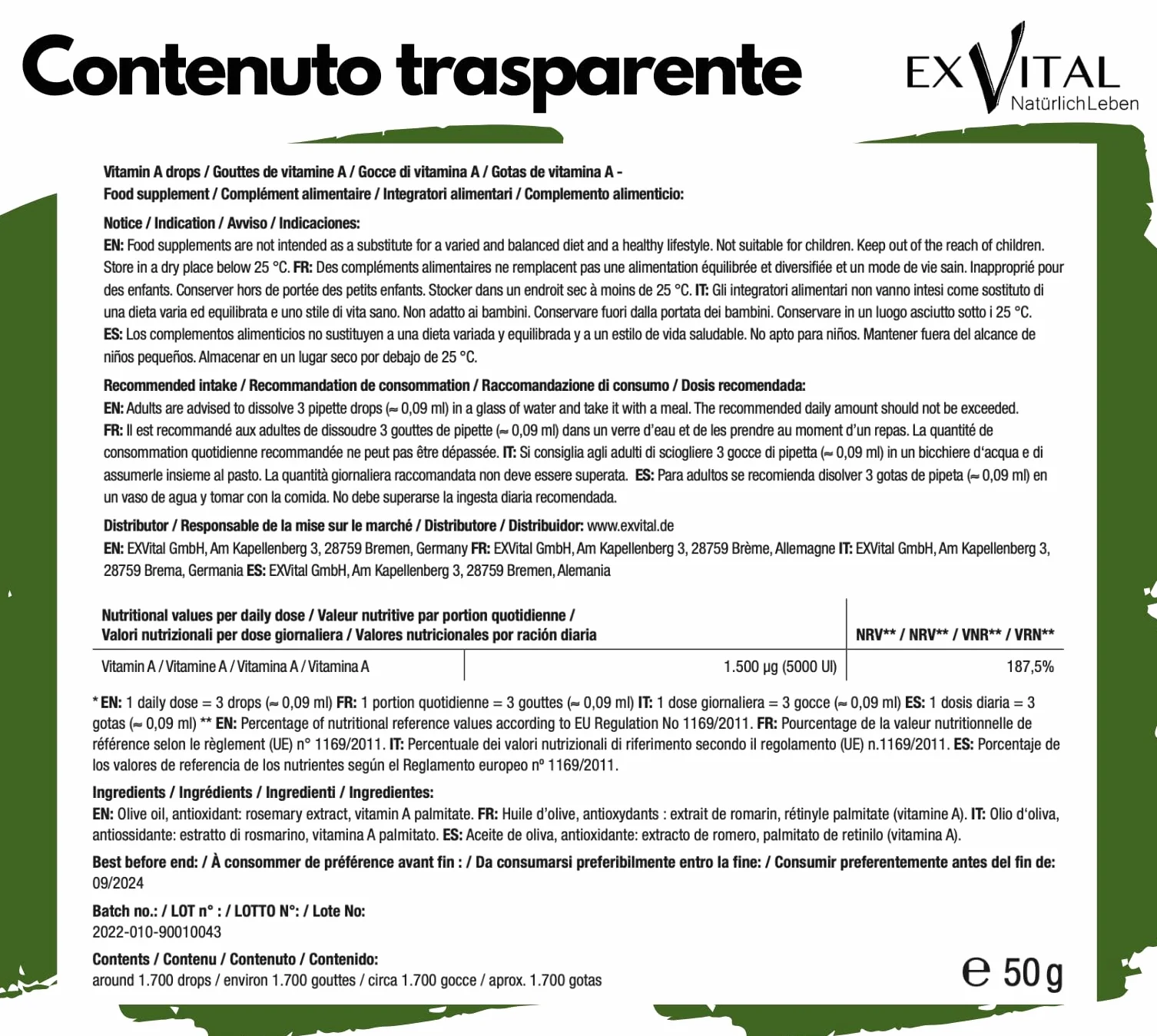 Vitamina A in gocce di EXVital – 5000 UI (1500 µg) per dose giornaliera, 50 ml = 1700 gocce, testata in laboratorio, retinolo ad alto dosaggio – vegana – vitamina A liquida