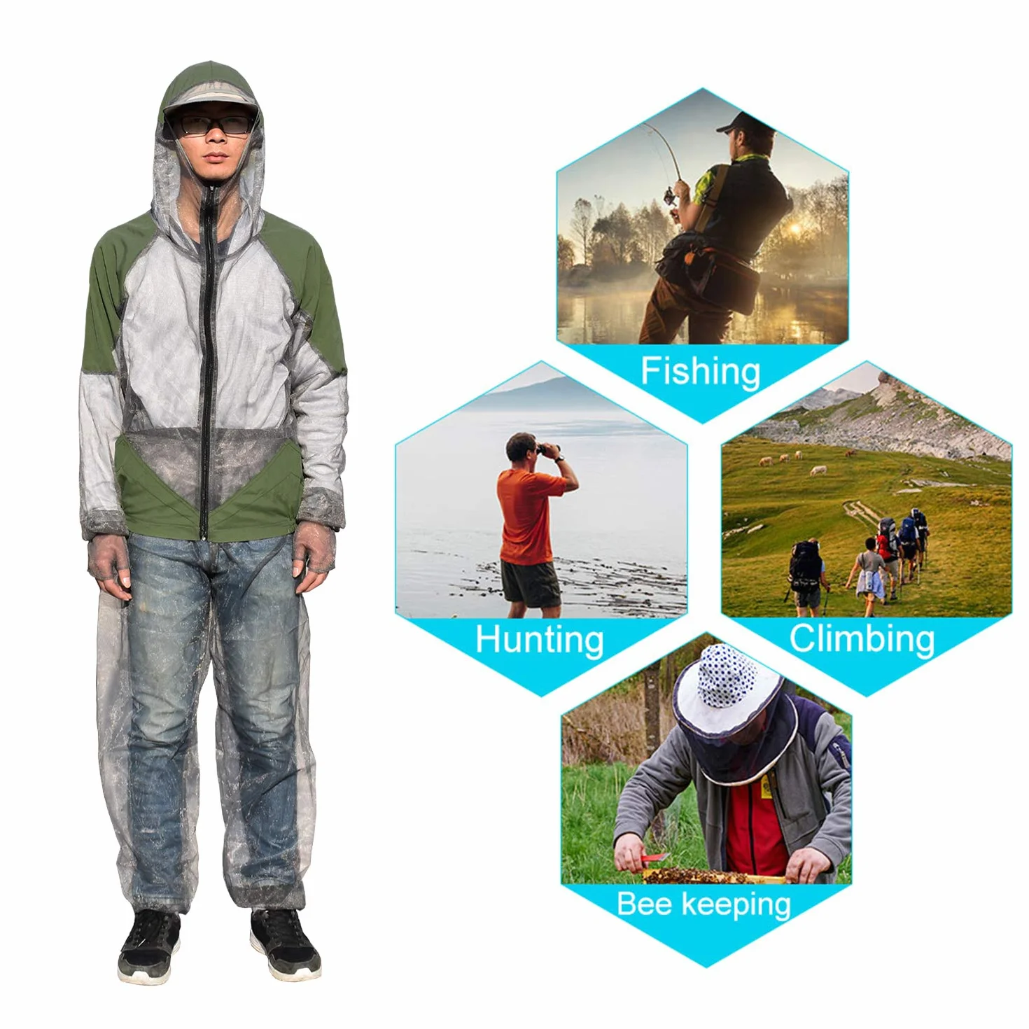 Lixada Abito Repellente Zanzare con Cappuccio in Mesh Mosquito Suit Giacca Bug per Pesca Caccia Campeggio L/XL/XXL