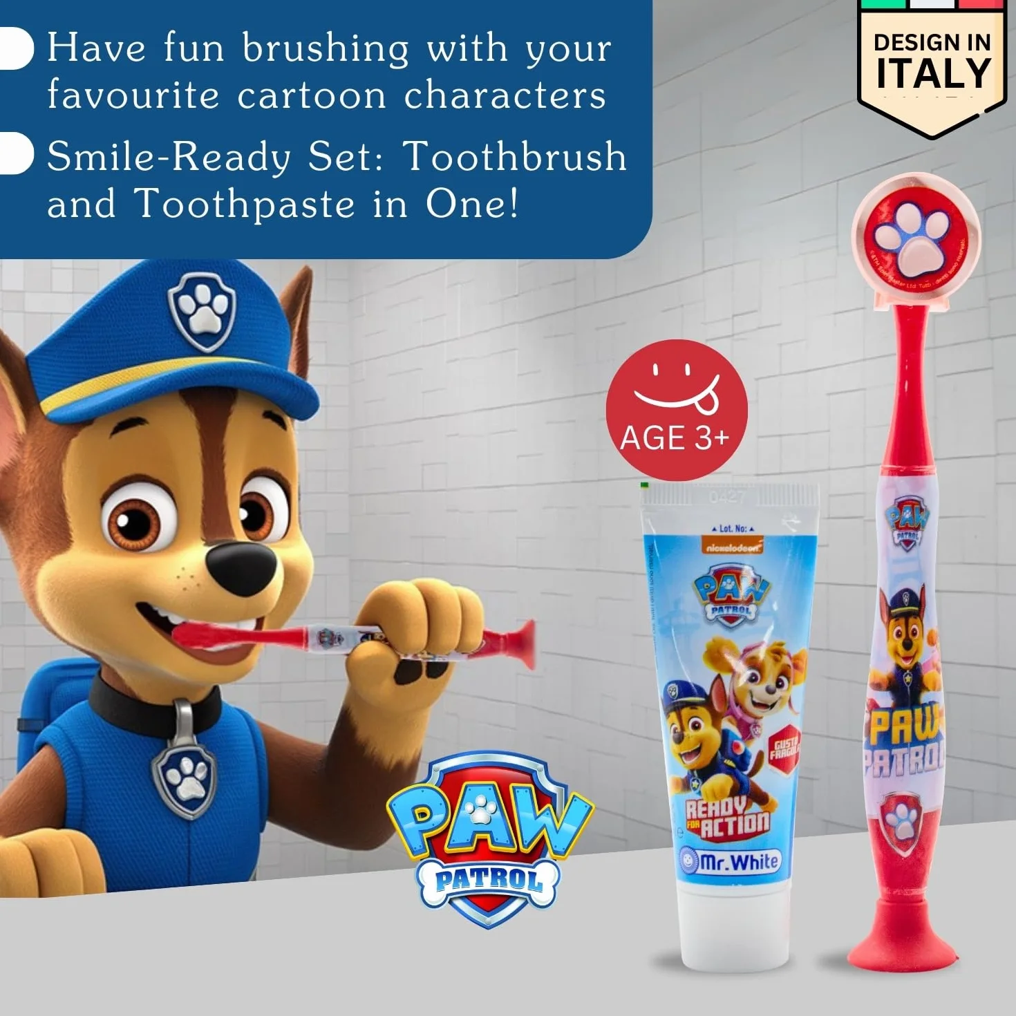 Paw Patrol, set da viaggio per bambini, include dentifricio aromatizzato alla fragola e spazzolino a setole morbide con ventosa e tappo protettivo, kit per l'igiene orale adatto ai viaggi per bambini