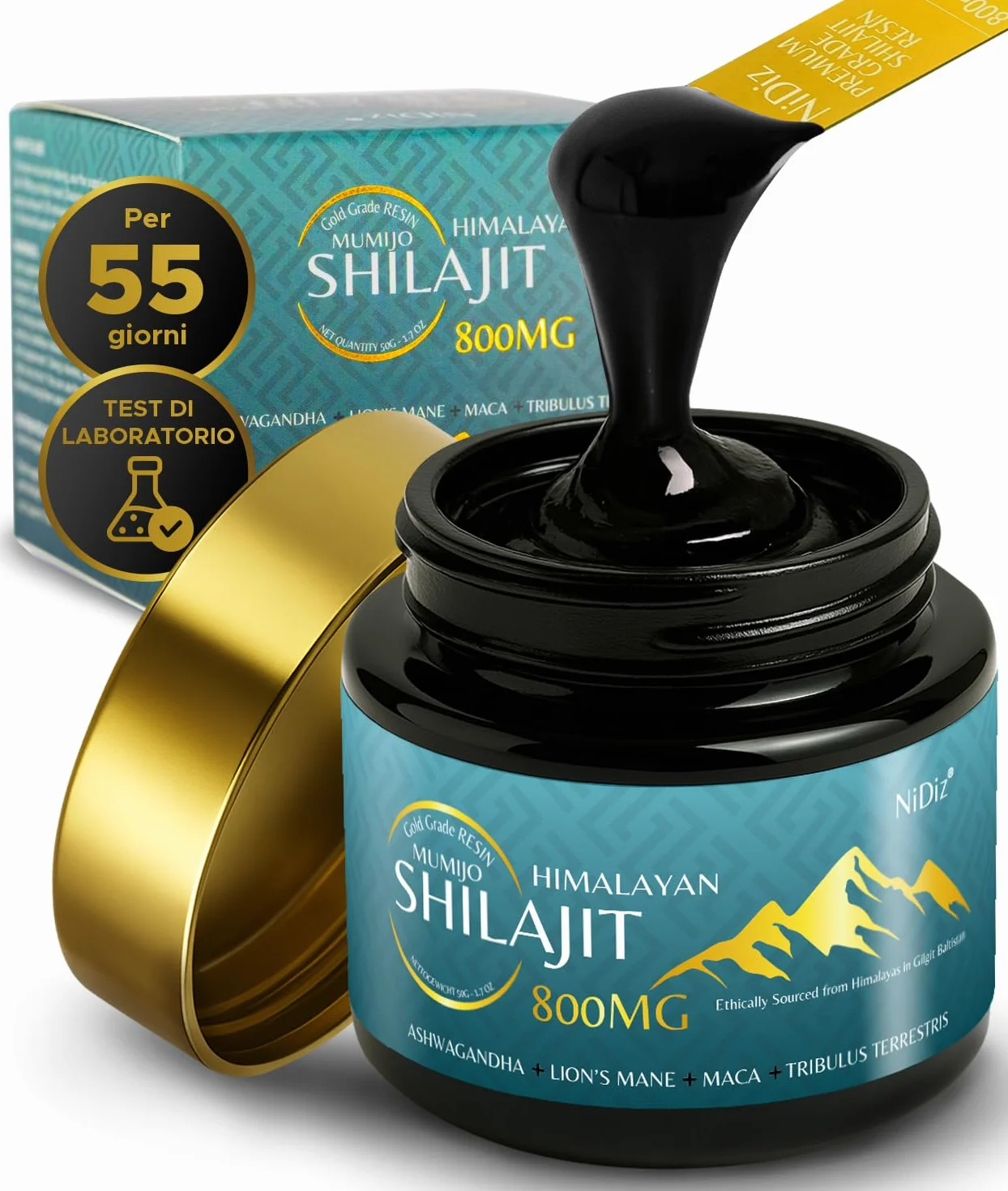 100% Shilajit Himalayano Puro 800MG, Erbe Ayurvediche 5 in 1, Testate in Laboratorio in Europa, 50g
