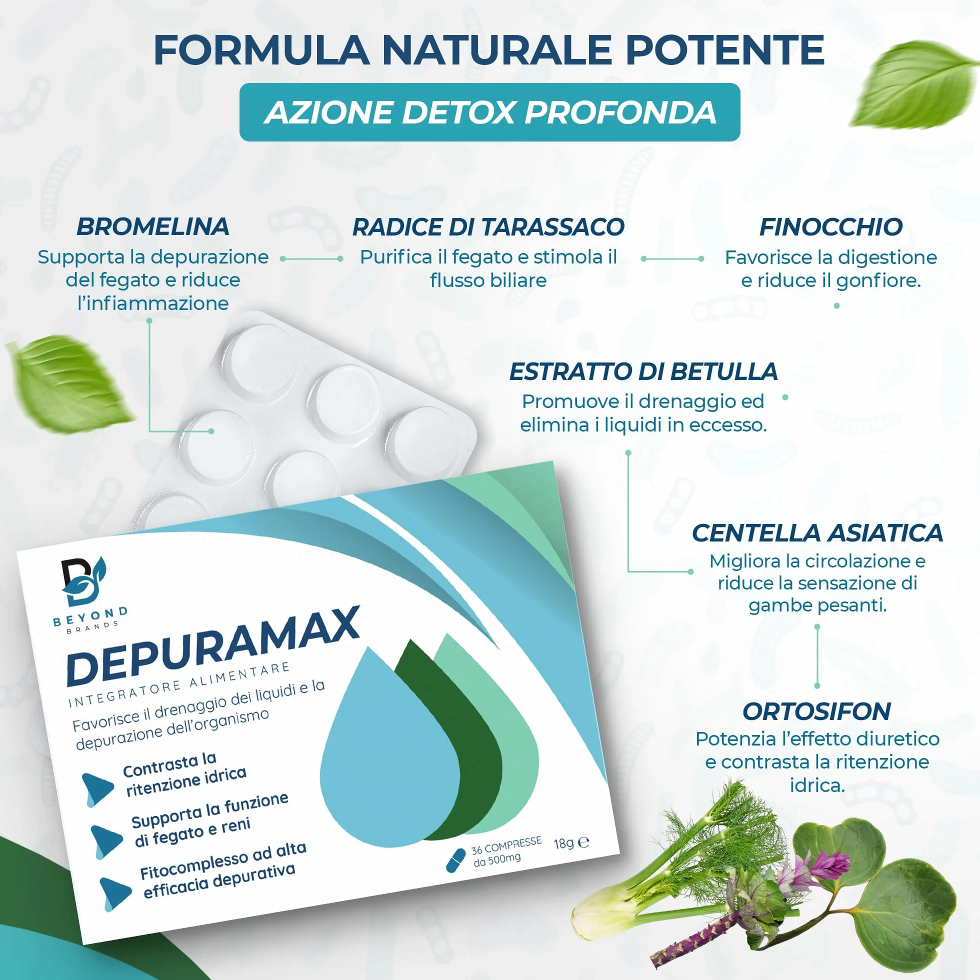 Detox Fegato e Intestino Diuretico Drenante Forte con Bromelina Betulla Tarassaco Finocchio Centella Asiatica Orthosiphon Made in Italy