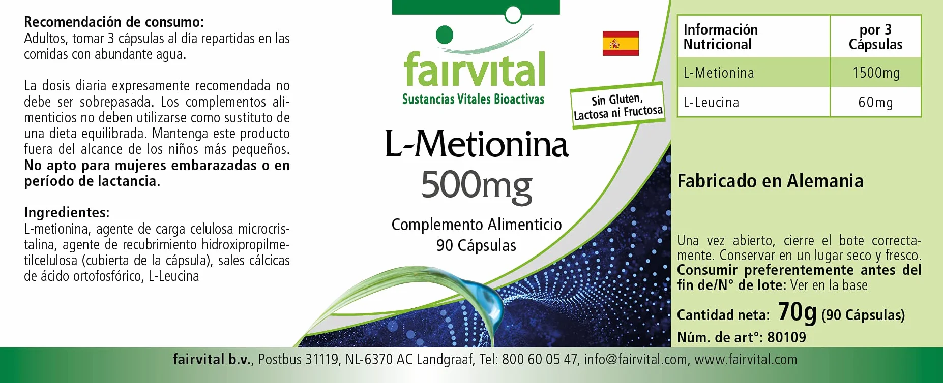 fairvital L-metionina 500 mg, 90 capsule, ALTO DOSAGGIO, VEGANO, aminoacido