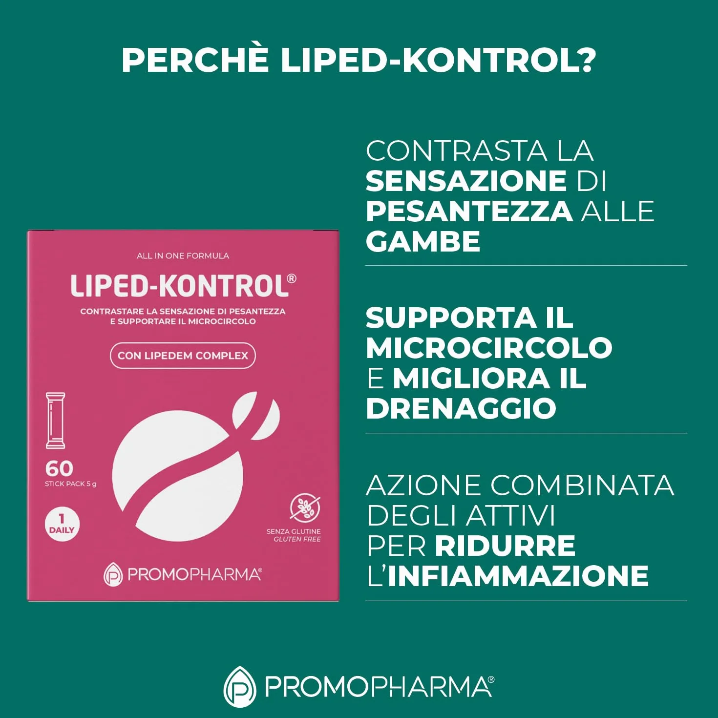 Liped-Kontrol Integratore Microcircolo Lipedema Linfedema Drenante Gambe Pesanti Anti-Cellulite Collagene Idrolizzato Acido Ialuronico Bromelina 60 stick pack 5g