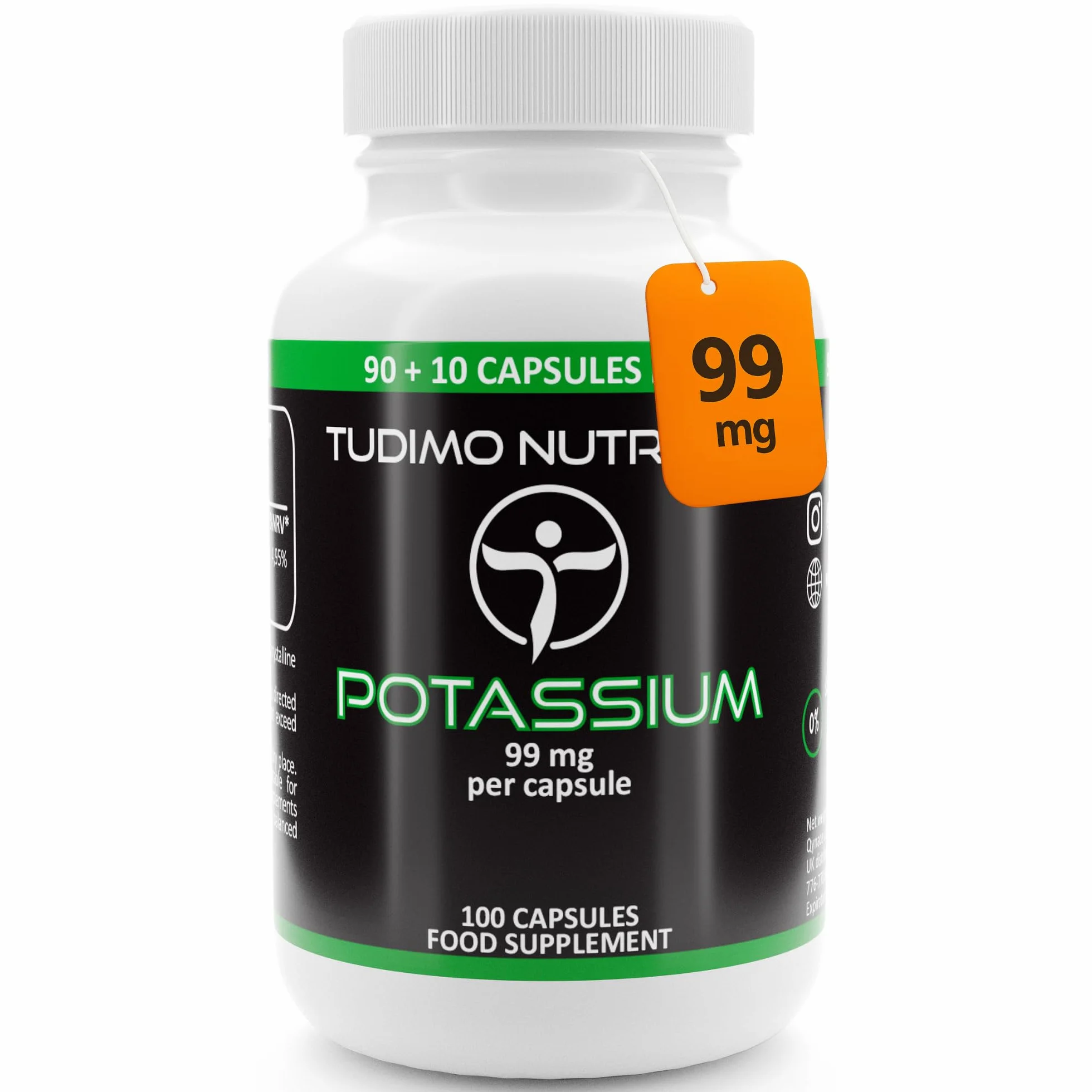 Potassio Integratore Capsule 99mg - 100 pz di Capsule a Disgregazione Rapida con 99 mg Gluconato di Potassio Polvere Puro Qualità Premium