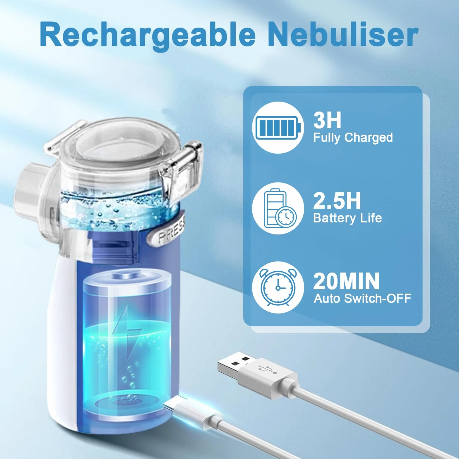 Wholede Aerosol Portatile Silenzioso, Aerosol Ultrasuoni Ricaricabile USB-C con 2 Maschere e Boccaglio, 2 Modalità (Blu)