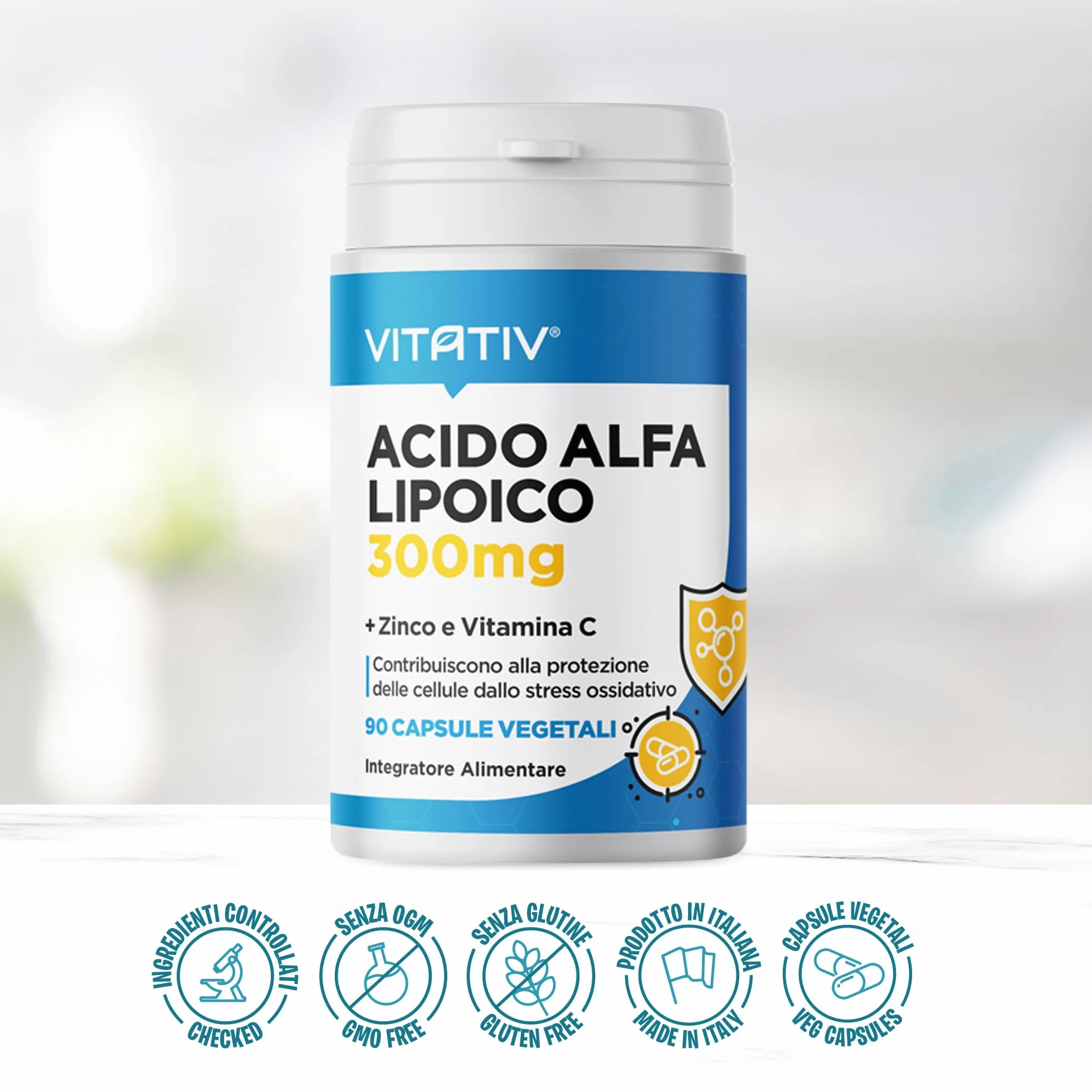 VITATIV Acido Alfa Lipoico ALA 300mg + Vitamina C e Zinco 90 Capsule Vegetali Antiossidante Made in Italy