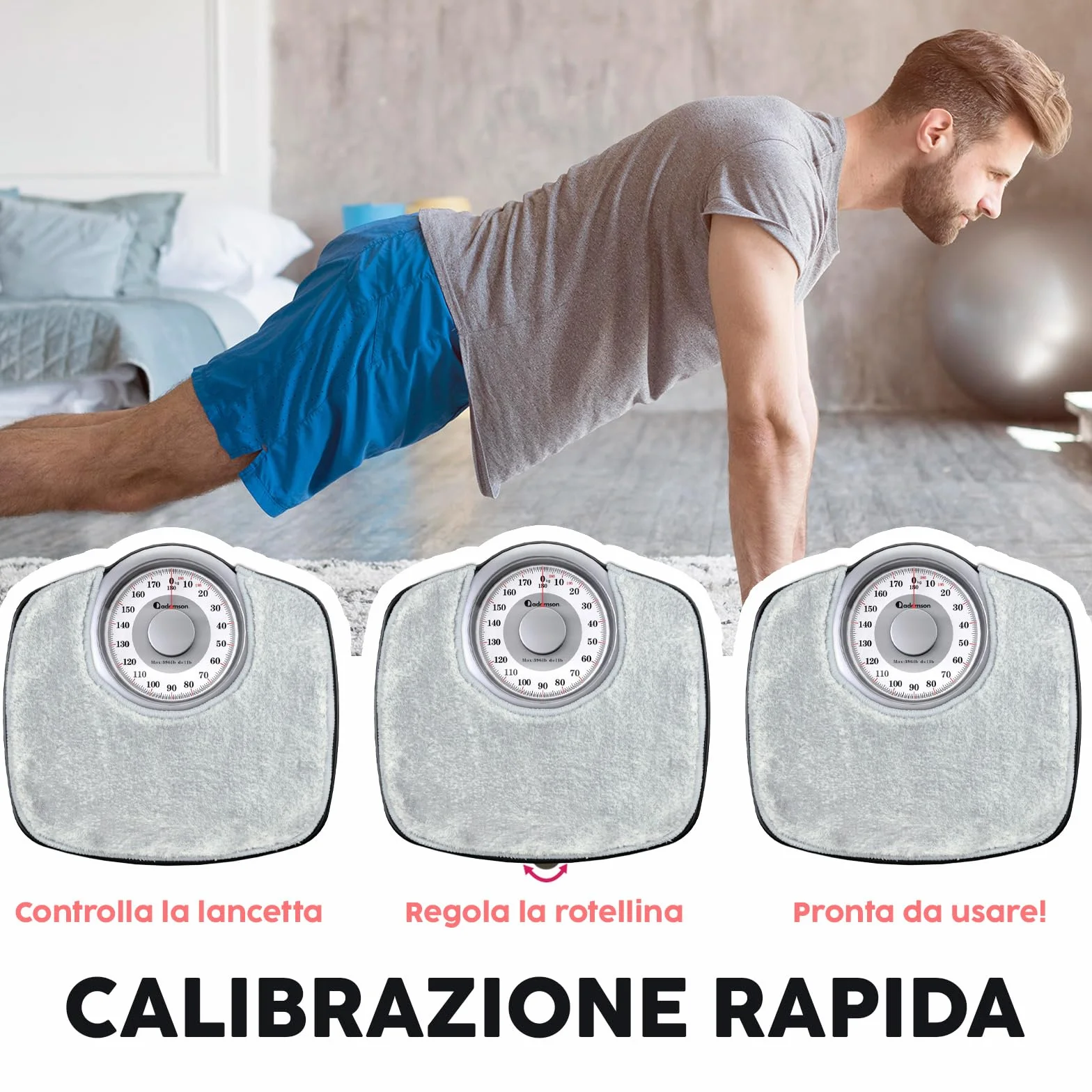 Adamson A25 Bilancia Pesapersone Meccanica, Analogica, Fino a 180 kg, Piedini Anti Scivolo – Durevole, Accurata, Precisa – 20 Anni di Garanzia – Per casa – Camera da Letto e Bagno - Tappeto Grigio