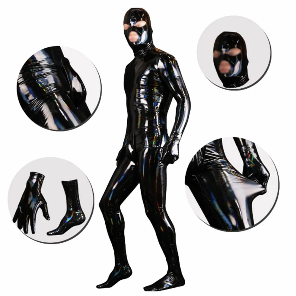 Sexy Uomo Latex Wet Look Catsuit Pelle Verniciata Bundle