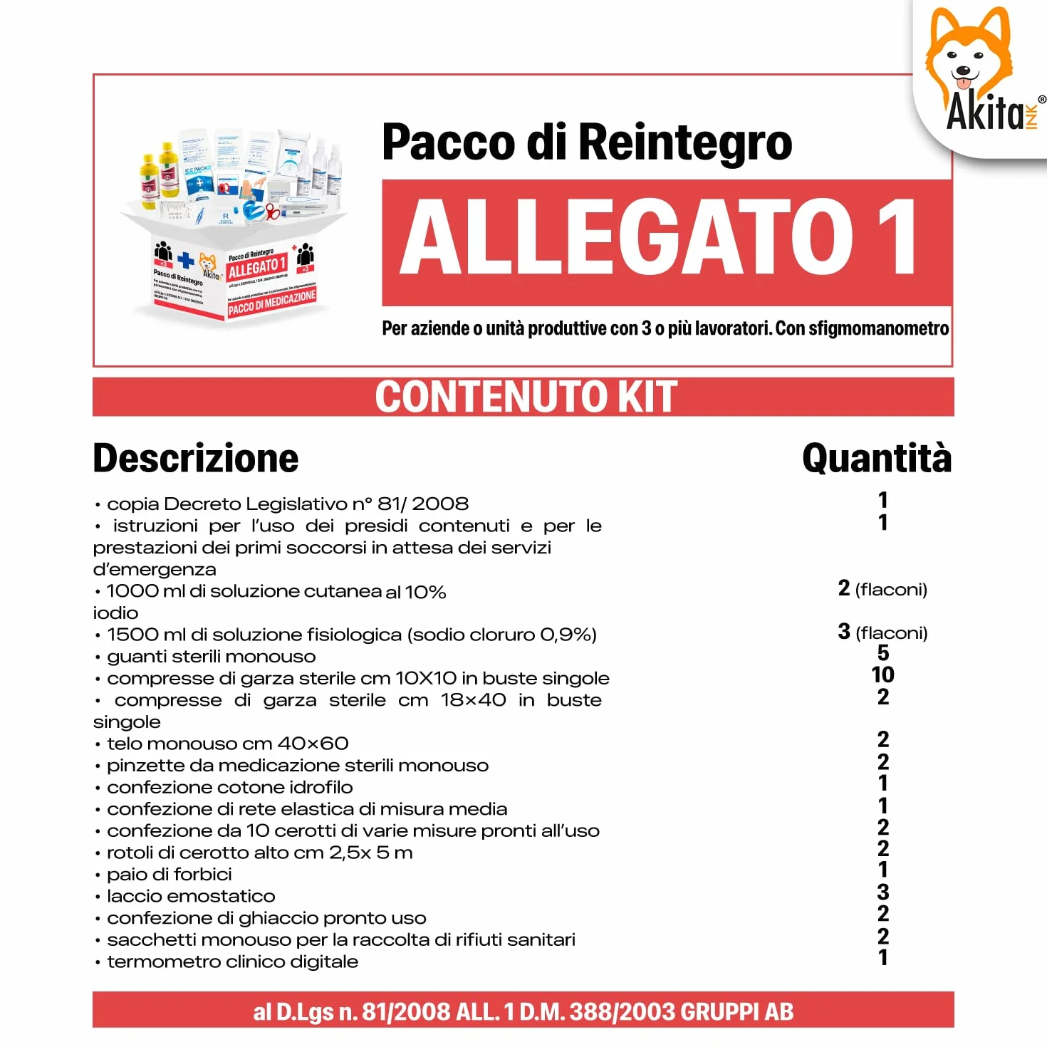 Kit reintegro medicazione cassetta pronto soccorso aziendale Conforme 388/DL81 Made in Italy