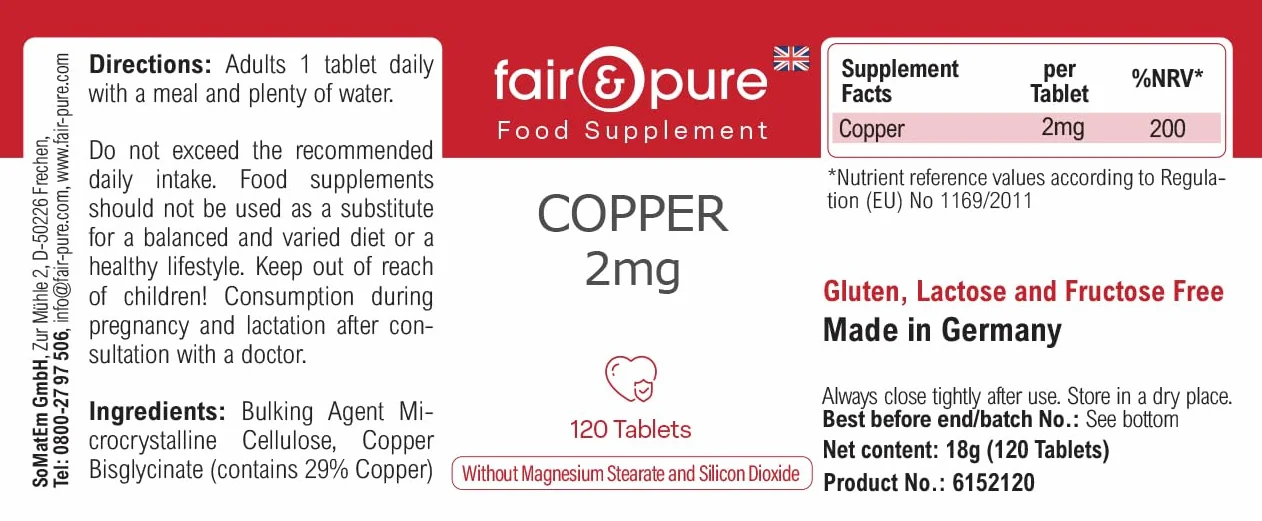 Fair & Pure® - Rame bisglicinato 2mg - Integratore di rame - Buona disponibilità biologica - Vegan - 120 Compresse