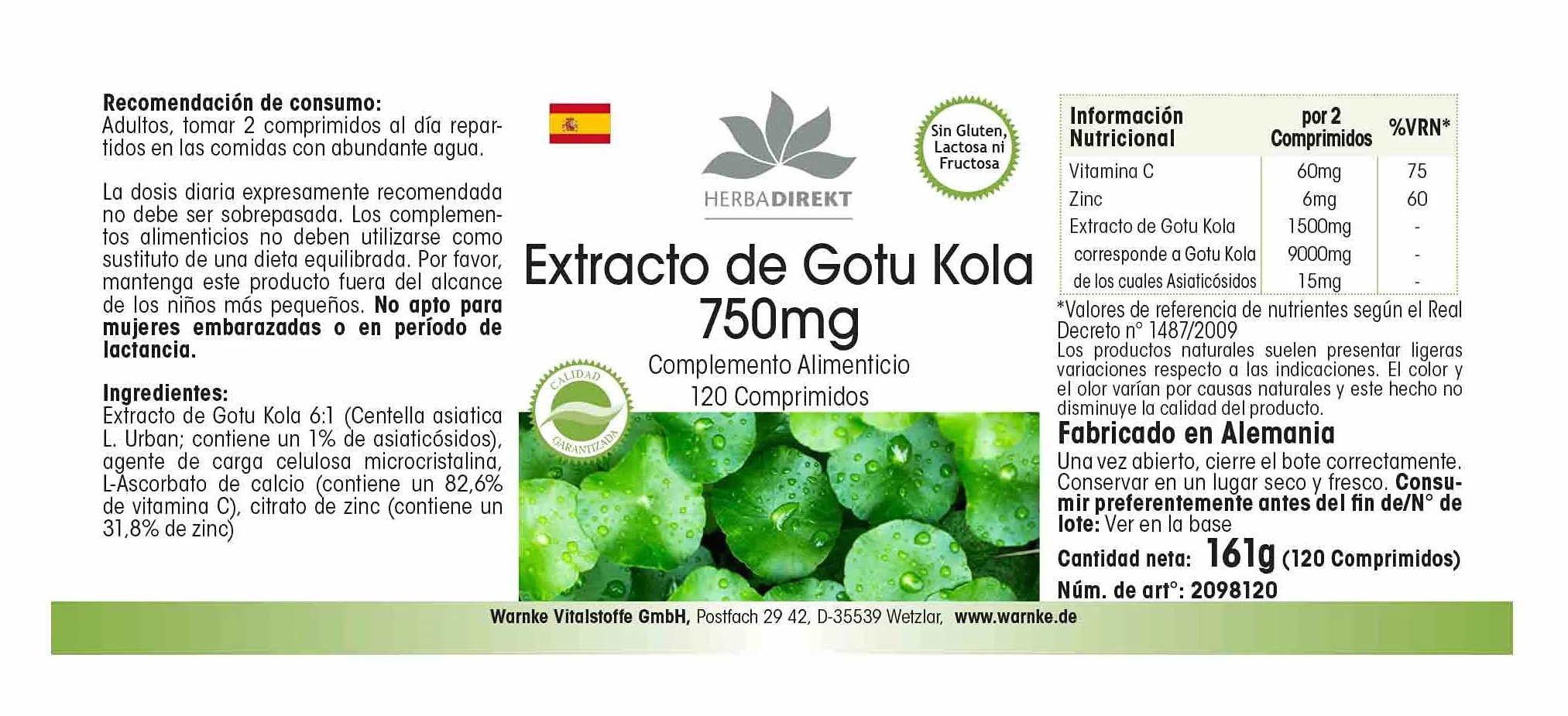 Gotu Kola 750mg estratto ad alto dosaggio con zinco e vitamina C 120 compresse vegan HERBADIREKT by Warnke Vitalstoffe