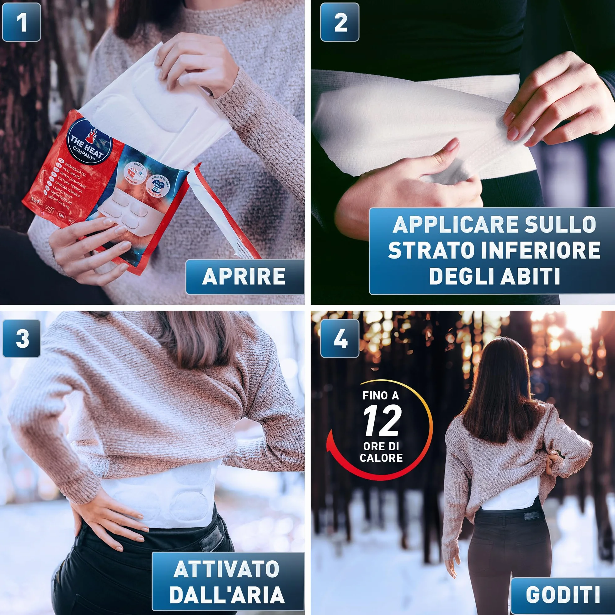 THE HEAT COMPANY Cintura Termica 10 pezzi EXTRA CALDO 12 ore autoriscaldante puro naturale S-XL