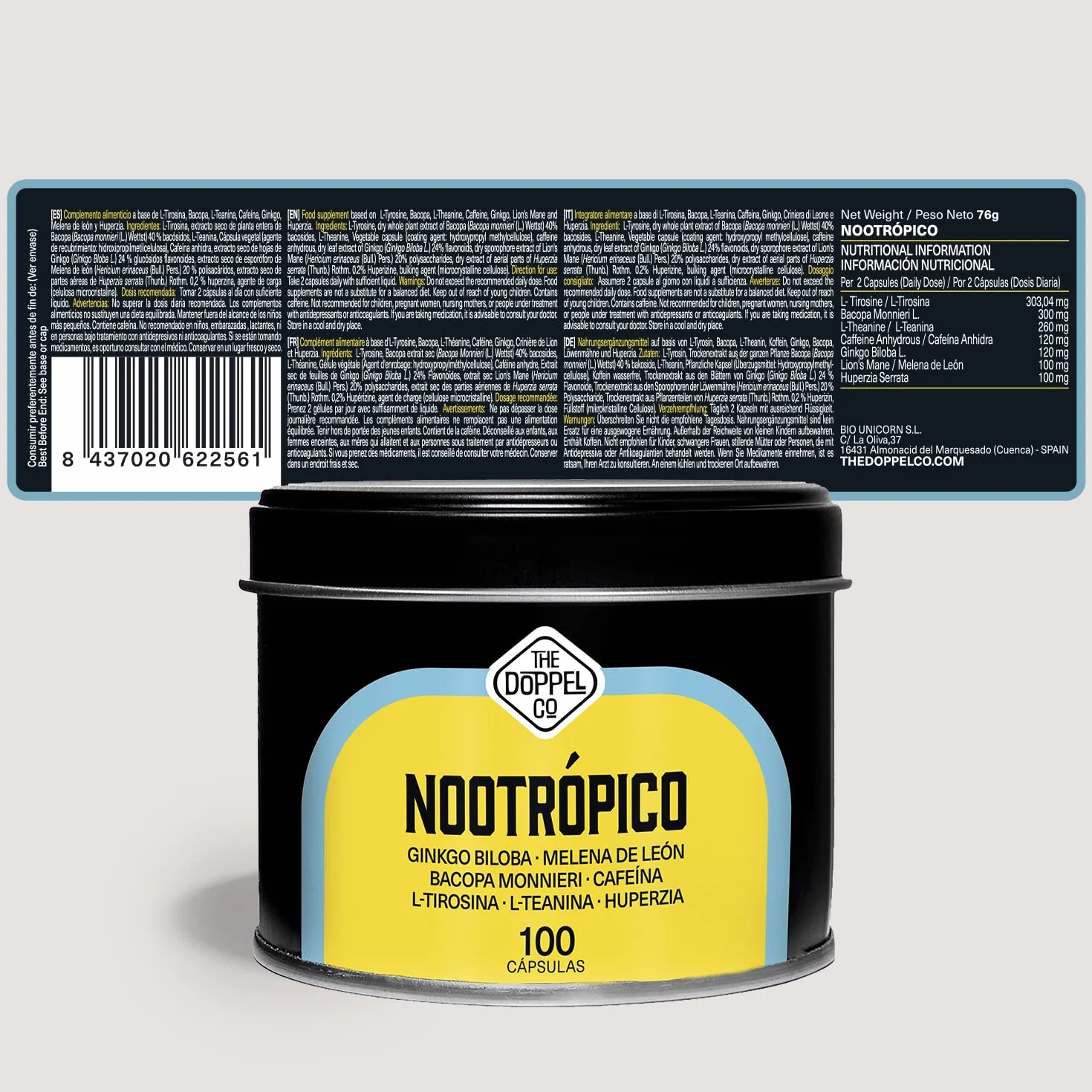 100 Capsule di Nootropico Naturale - 800 mg - Memoria, Concentrazione, Energia - Ginkgo Biloba, Criniera di Leone, Caffeina, Bacopa Monnieri, Tirosina, Teanina, Huperzia - Prodotto in Europa