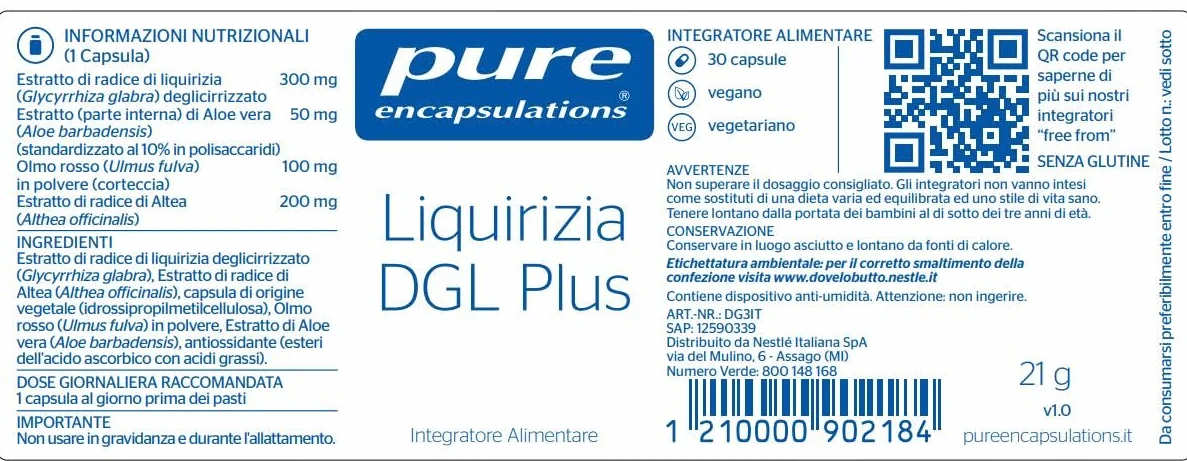 Pure Encapsulations Liquirizia DGL Plus Integratore 30 Capsule Supporto Mucose e Gola