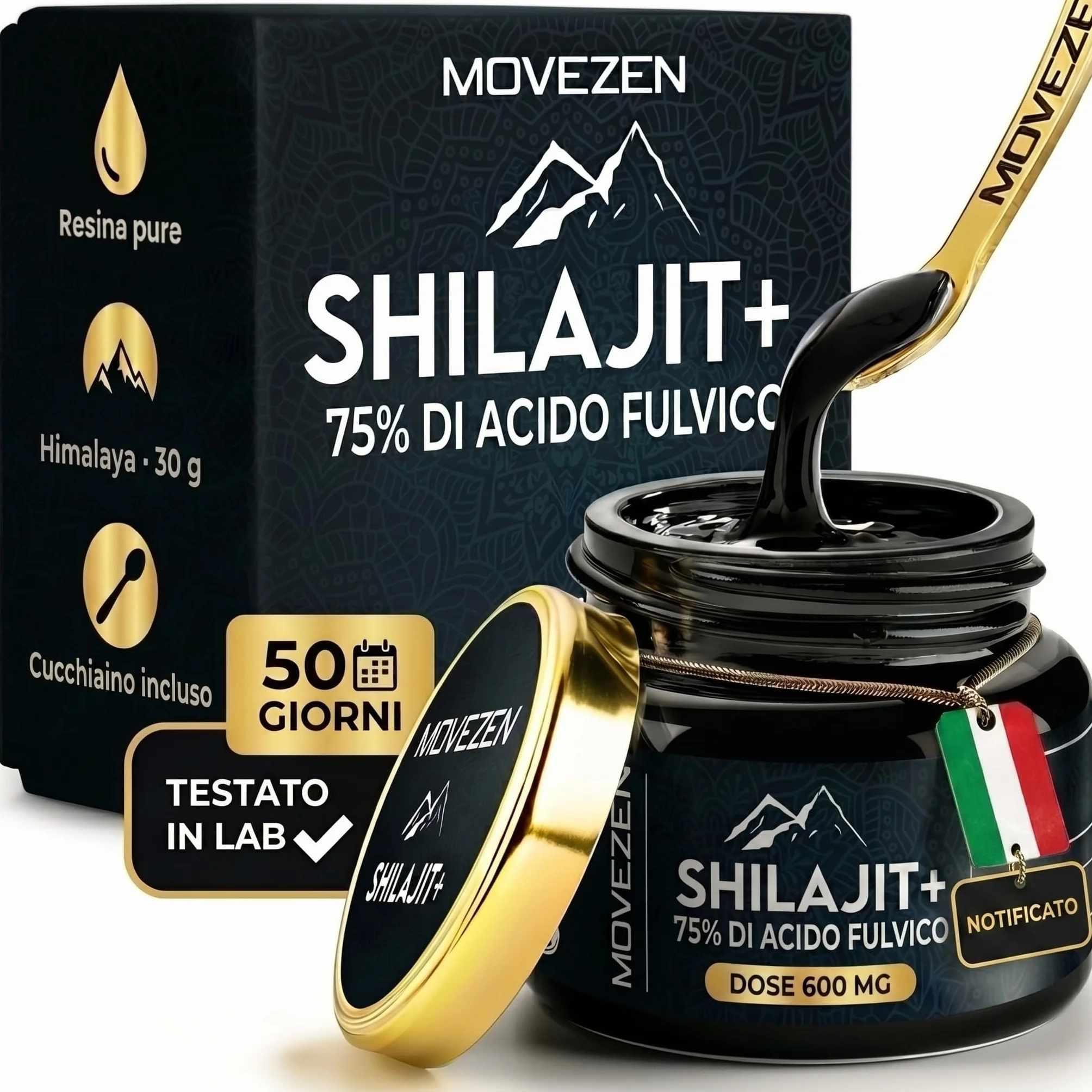 Shilajit Puro Movezen 30 g, Resina Pura di Shilajit +, >75% Acido Fulvico Testato Eurofins, Origine Himalaya Fino a 5000 M, Ricco di Minerali, Senza Additivi, Qualità, 50 Giorni, Cucchiaino Incluso