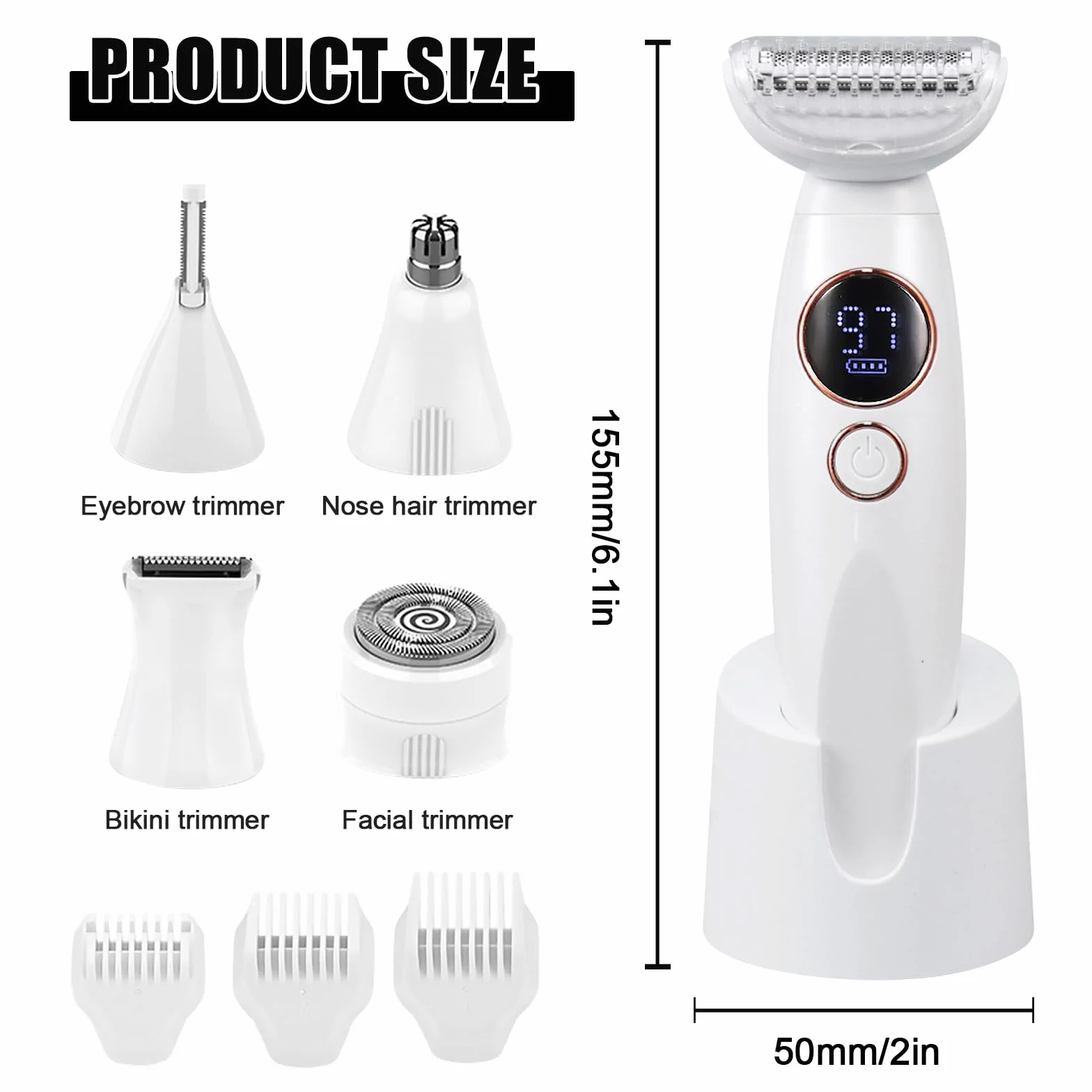 Rasoio elettrico da donna 5 in 1 rasoio intimo da donna IPX7 impermeabile per rasatura bagnata e asciutta, ricaricabile con USB, trimmer per zona bikini, ascelle, gambe e viso