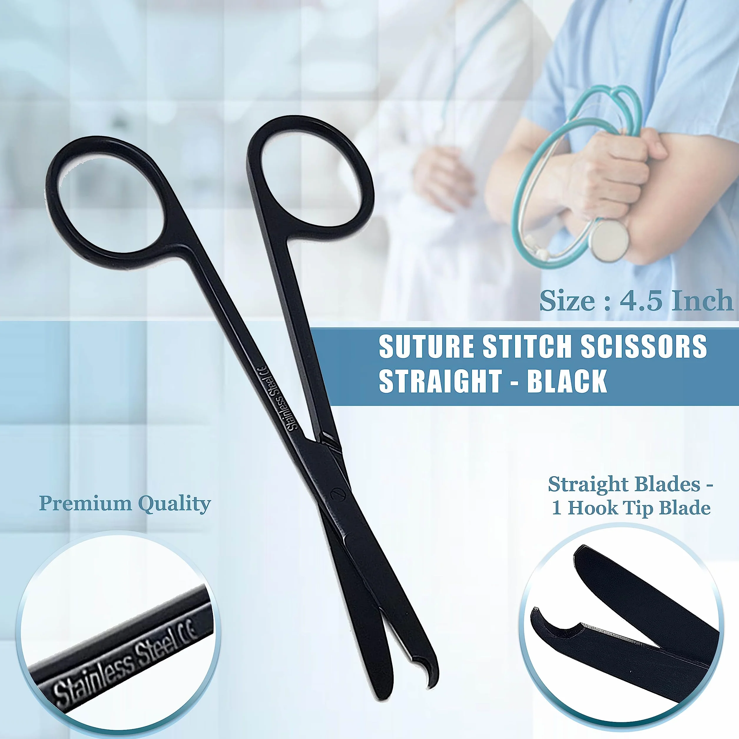 Forbici da sutura da 11,4 cm con gancio delicato a mezzaluna, perfette per la rimozione delle suture, primo soccorso, allenamento EMS e altro strumento di alta qualità, in acciaio inox (nero)