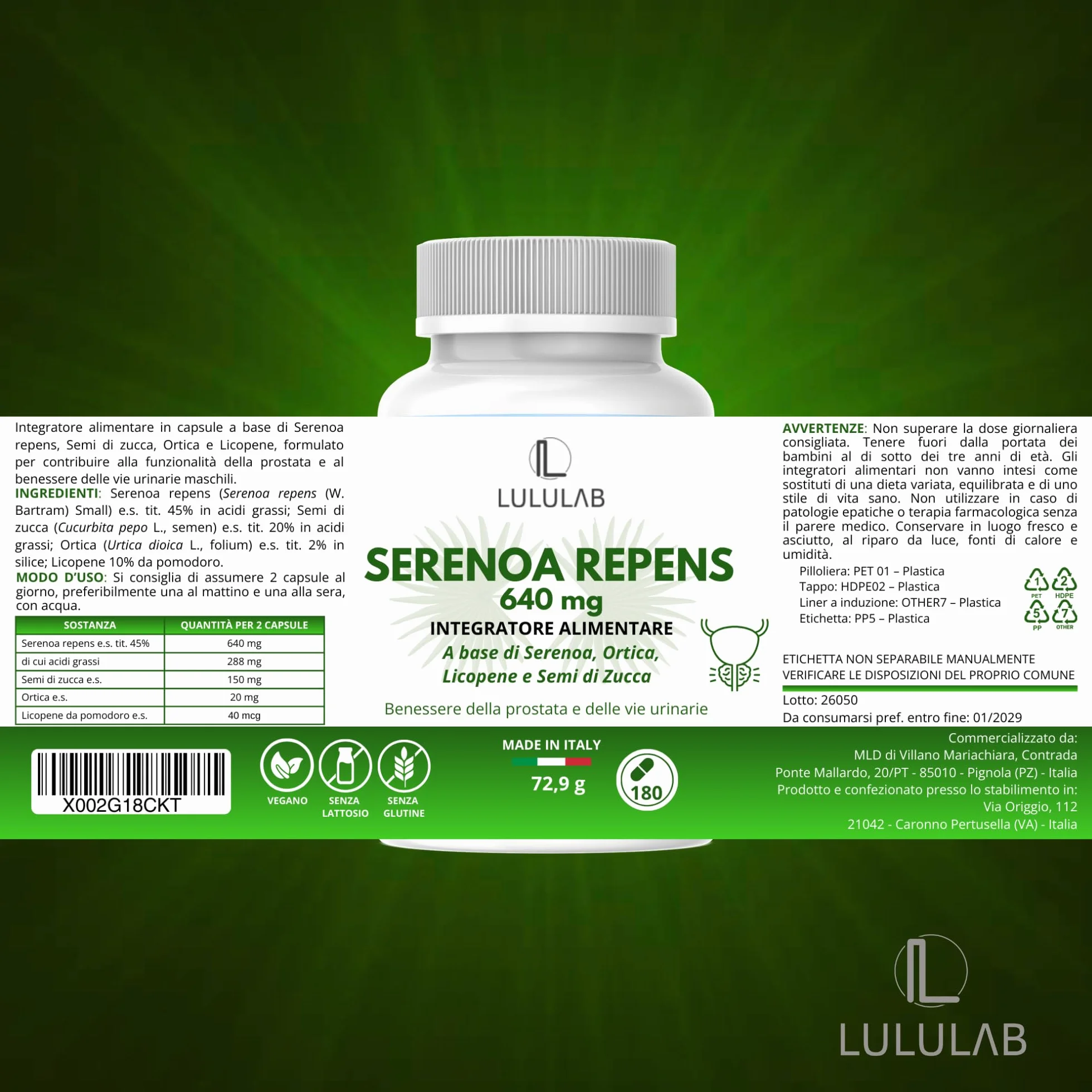 Lululab® Serenoa Repens Prostata 640 mg Saw Palmetto con Semi di Zucca, Ortica e Licopene Integratore Supporto Benessere Maschile 180 Capsule